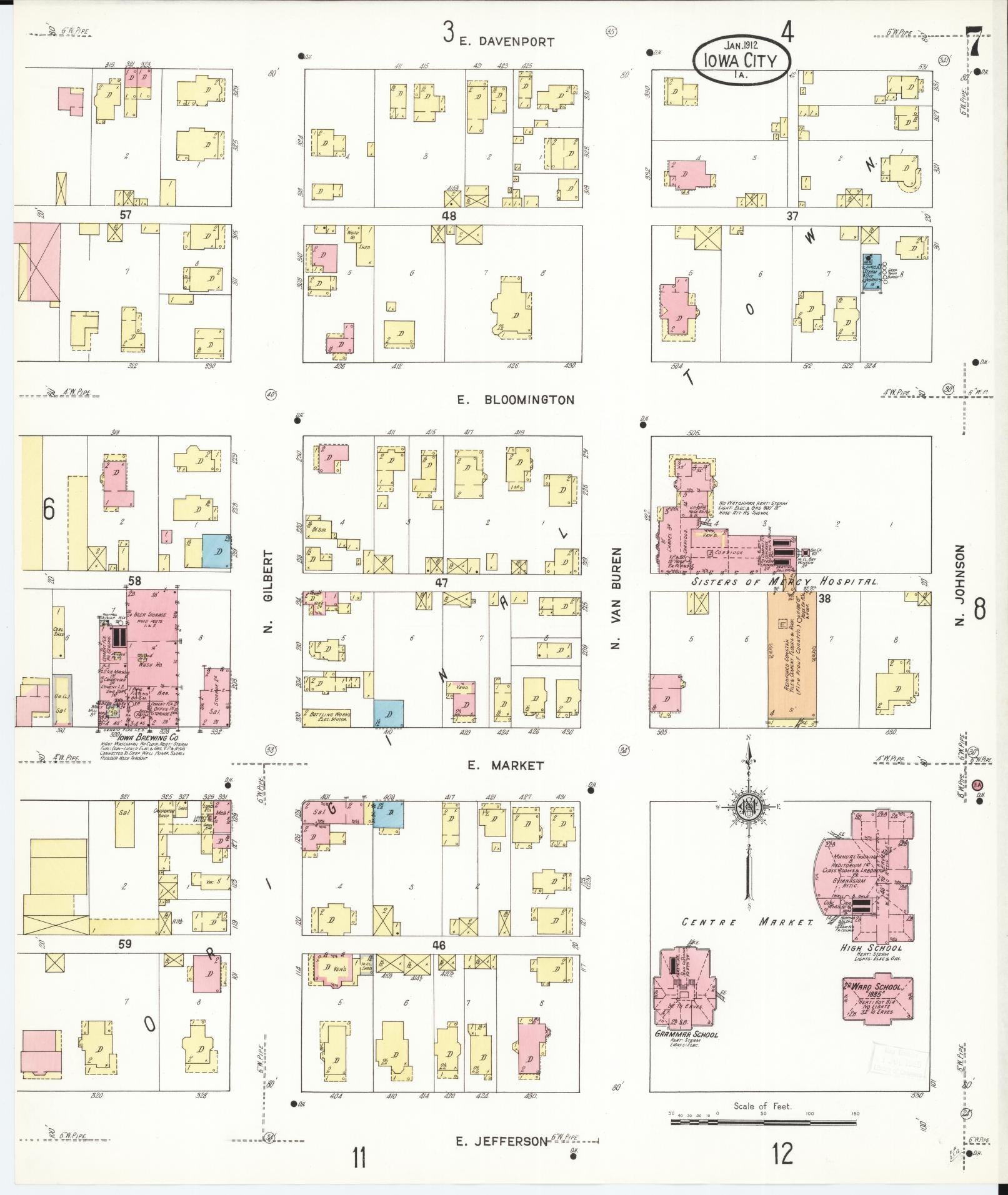 Sanborn Fire Insurance Map from Iowa City, Johnson County, Iowa (1912), Sheet #0007 - Historic Sanborn Fire Insurance Map Print, vintage old map wall art