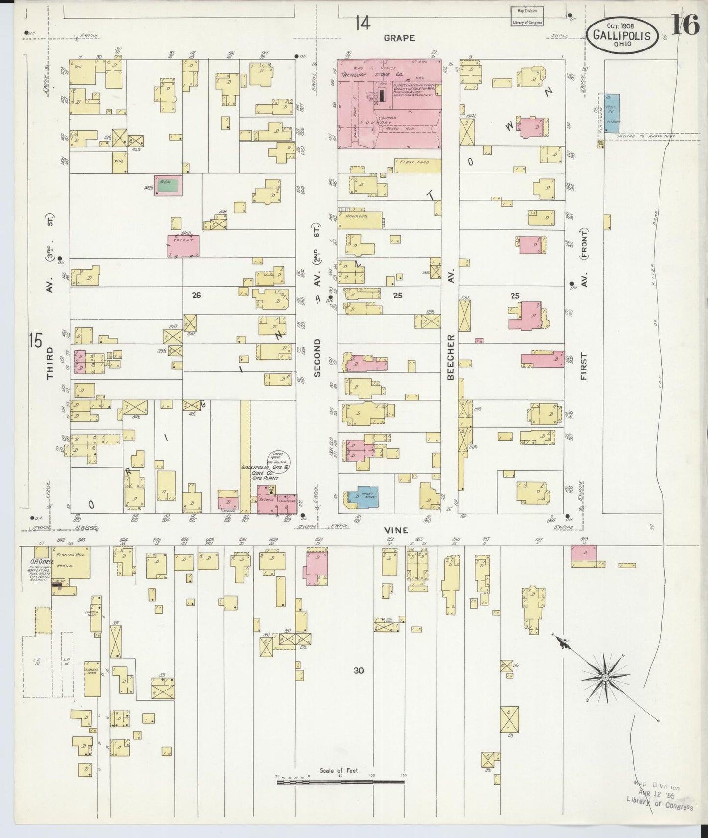 Sanborn Fire Insurance Map from Gallipolis, Gallia County, Ohio (1908), Sheet #0016 - Complete Map Set gallery image, historic Sanborn map, vintage wall art, Ohio Ohio
