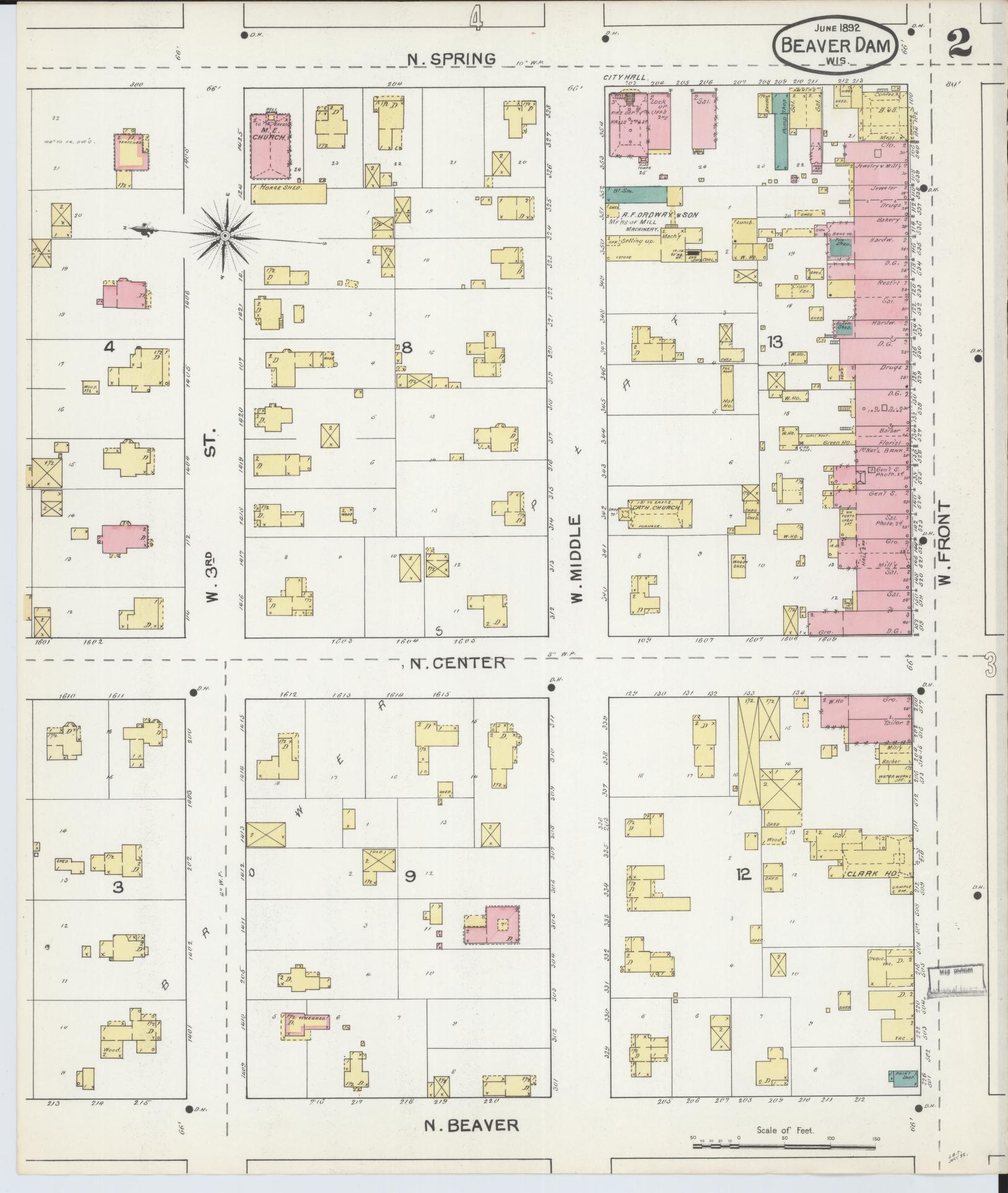 Sanborn Fire Insurance Map from Beaver Dam, Dodge County, Wisconsin (1892), Sheet #0002 - Complete Map Set gallery image, historic Sanborn map, vintage wall art, Wisconsin Wisconsin