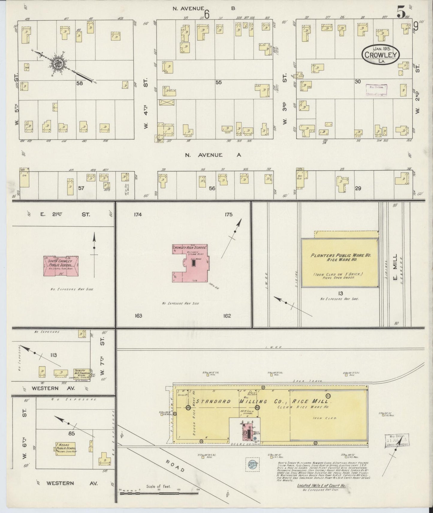 Sanborn Fire Insurance Map from Crowley, Acadia Parish, Louisiana (1915), Sheet #0005 - Historic Sanborn Fire Insurance Map Print, vintage old map wall art, antique decor, genealogy gift, Louisiana Louisiana map