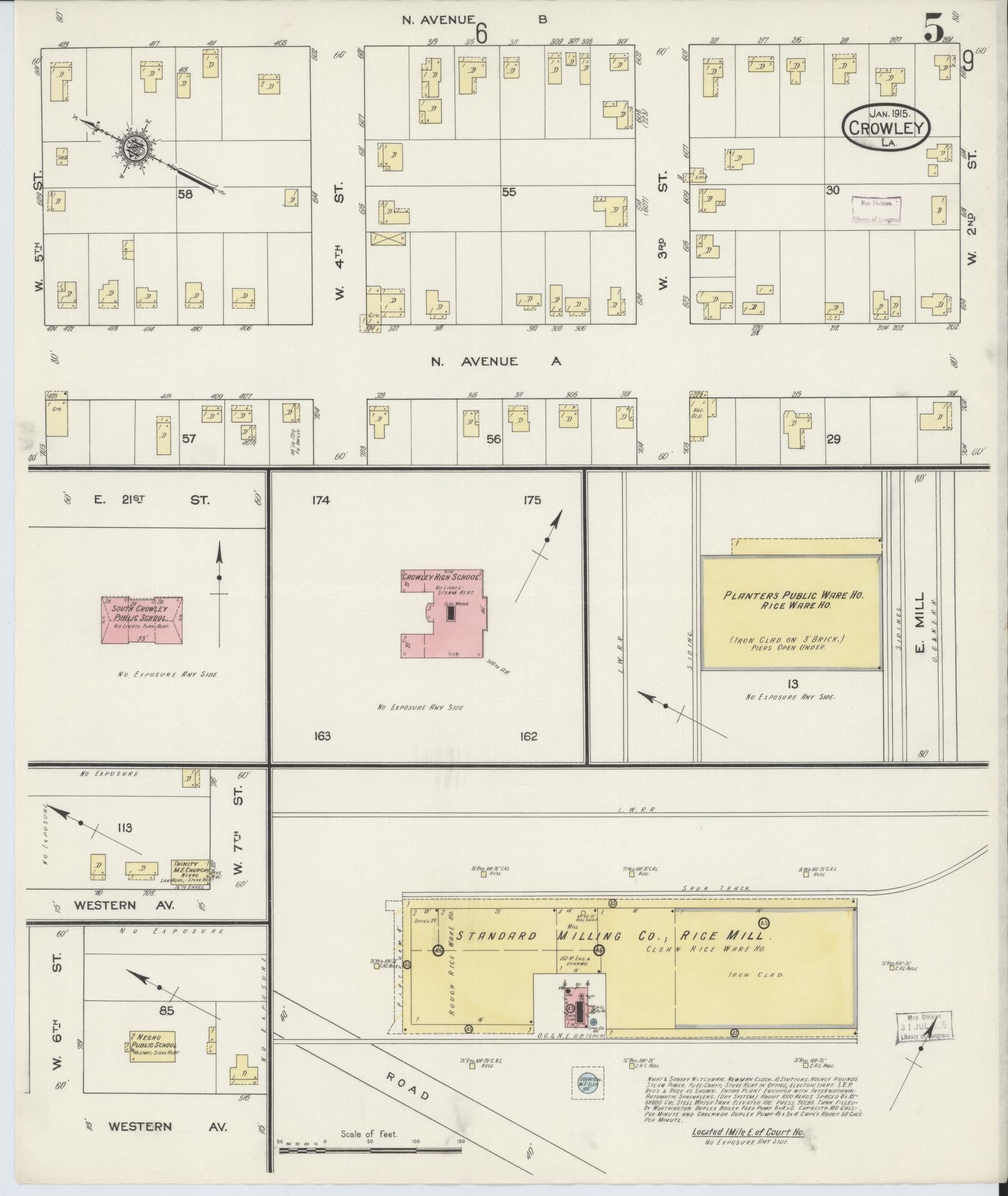 Sanborn Fire Insurance Map from Crowley, Acadia Parish, Louisiana (1915), Sheet #0005 - Historic Sanborn Fire Insurance Map Print, vintage old map wall art, antique decor, genealogy gift, Louisiana Louisiana map