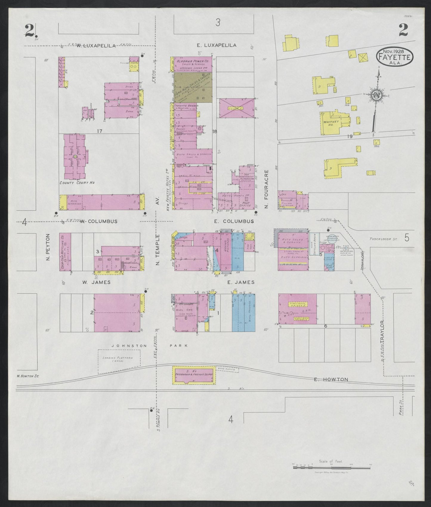 Sanborn Fire Insurance Map from Fayette, Fayette County, Alabama (1928), Sheet #0002 - Complete Map Set gallery image, historic Sanborn map, vintage wall art, Alabama Alabama