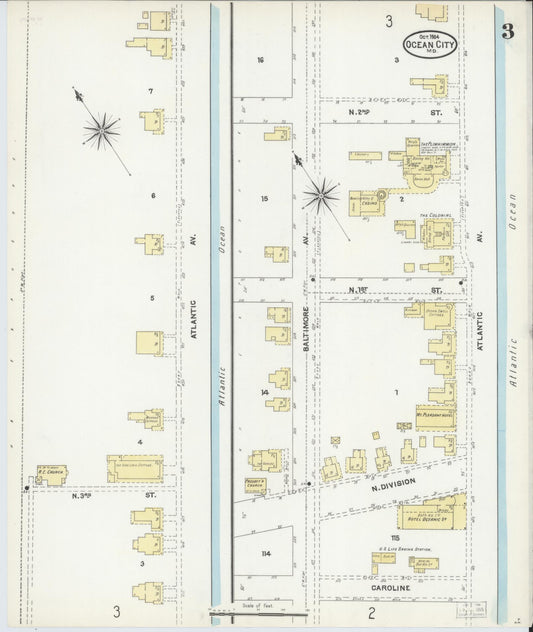 Sanborn Fire Insurance Map from Ocean City, Worcester County, Maryland (1904), Sheet #0003 - Historic Sanborn Fire Insurance Map Print, vintage old map wall art