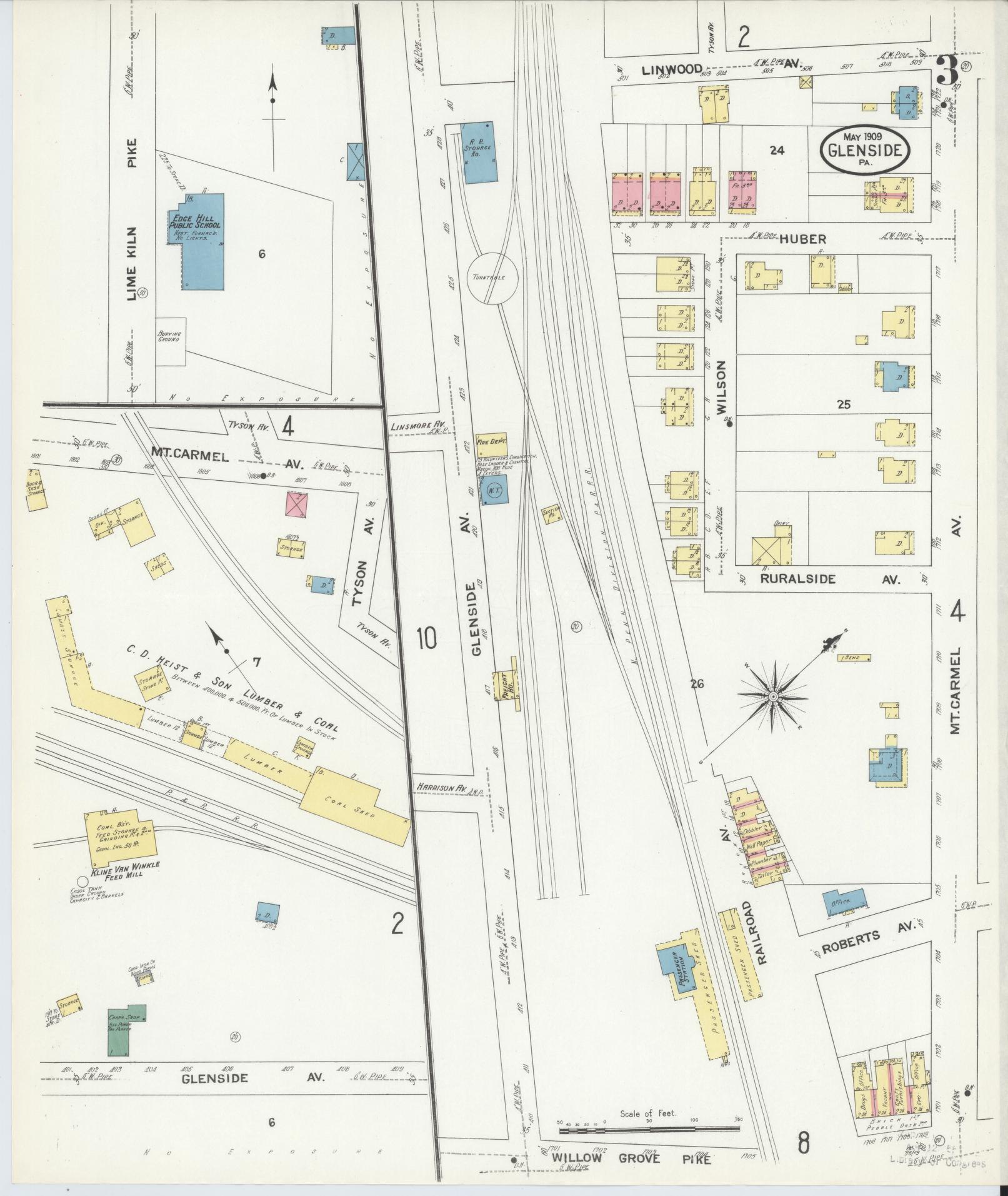 Sanborn Fire Insurance Map from Glenside, Montgomery County, Pennsylvania (1909), Sheet #0003 - Historic Sanborn Fire Insurance Map Print, vintage old map wall art, antique decor, genealogy gift, Pennsylvania Pennsylvania map