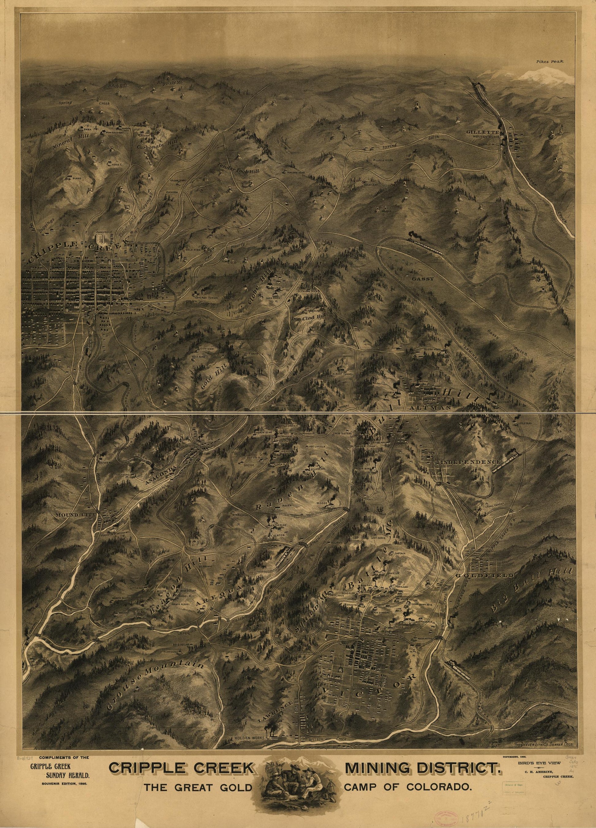 Cripple Creek mining district, the great gold camp of Colorado (1895) – Historic Bird’s-Eye View Panorama Print