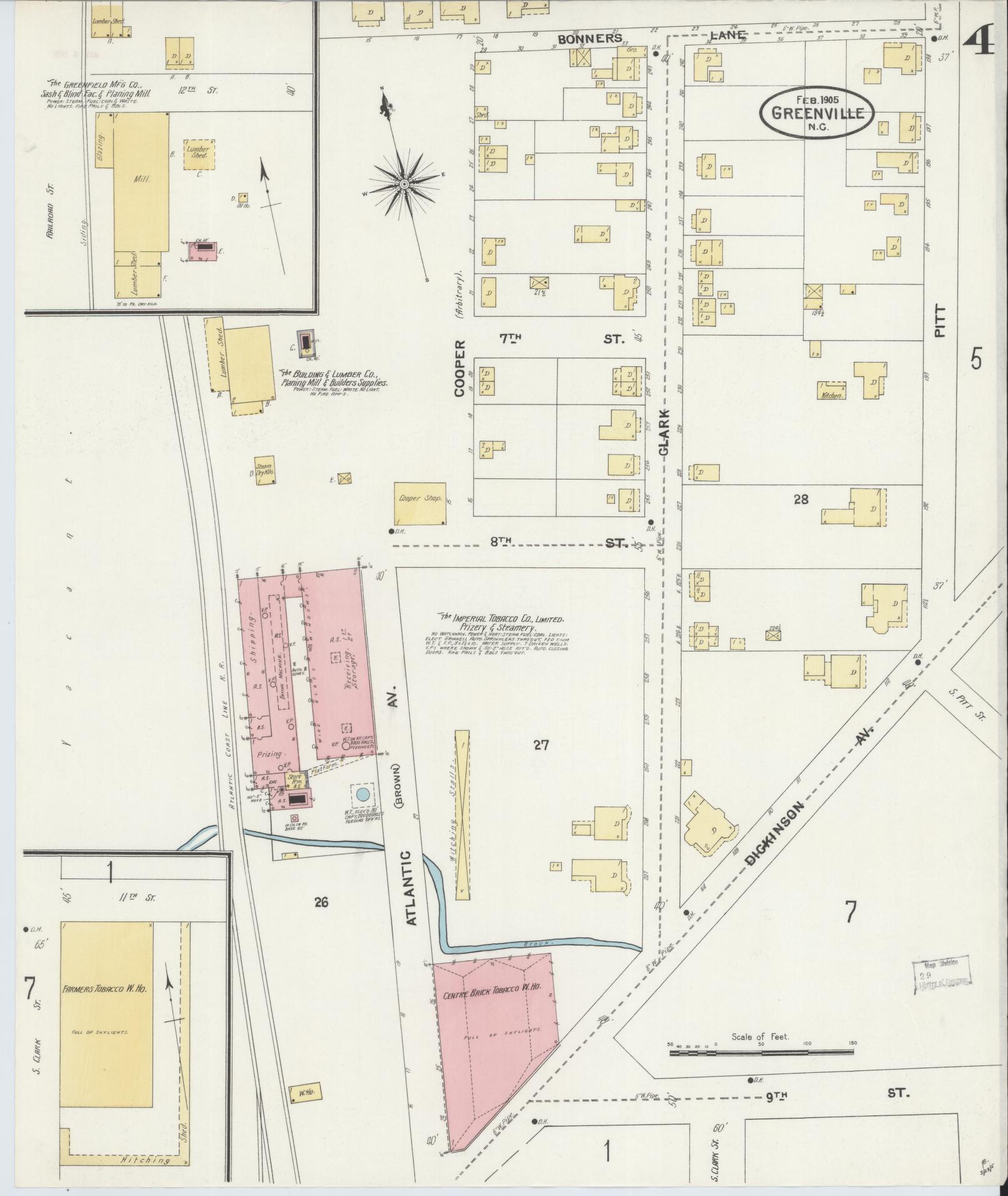 Sanborn Fire Insurance Map from Greenville, Pitt County, North Carolina (1905), Sheet #0004 - Historic Sanborn Fire Insurance Map Print, vintage old map wall art, antique decor, genealogy gift, North Carolina North Carolina map