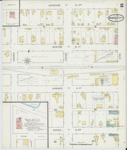 Sanborn Fire Insurance Map from Monroe City, Monroe County, Missouri (1893), Sheet #0002 - Historic Sanborn Fire Insurance Map Print, vintage old map wall art, antique decor, genealogy gift, Missouri Missouri map