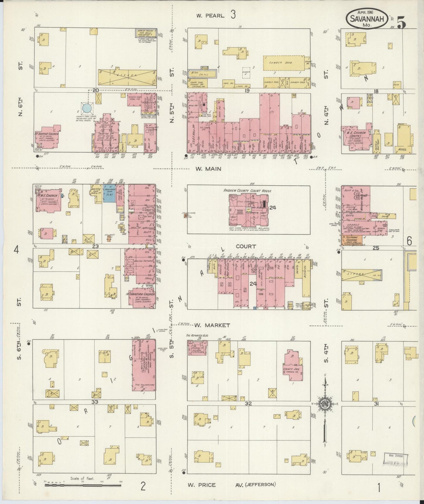 Sanborn Fire Insurance Map from Savannah, Andrew County, Missouri (1916), Sheet #0005 - Historic Sanborn Fire Insurance Map Print, vintage old map wall art, antique decor, genealogy gift, Missouri Missouri map
