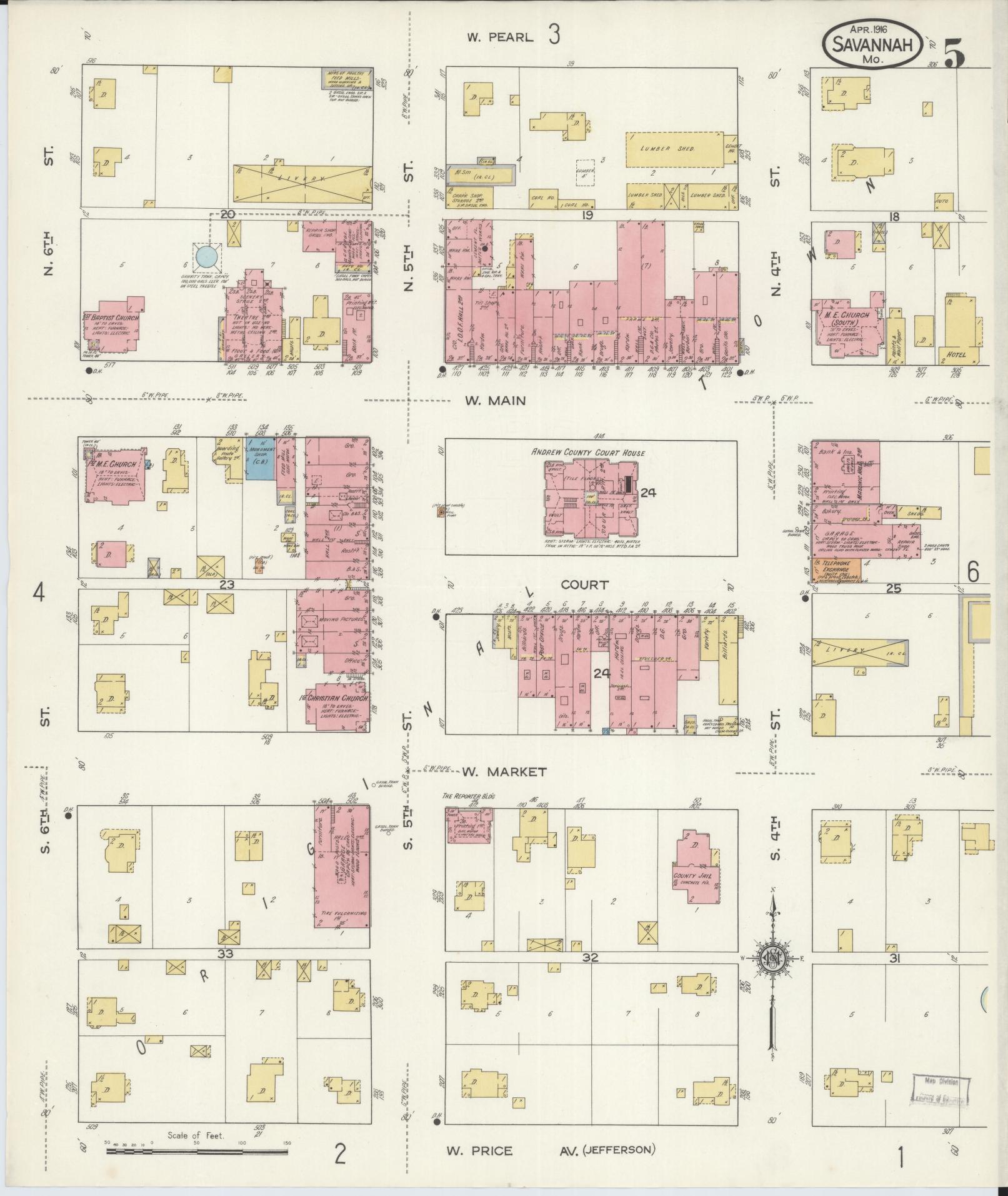Sanborn Fire Insurance Map from Savannah, Andrew County, Missouri (1916), Sheet #0005 - Historic Sanborn Fire Insurance Map Print, vintage old map wall art, antique decor, genealogy gift, Missouri Missouri map