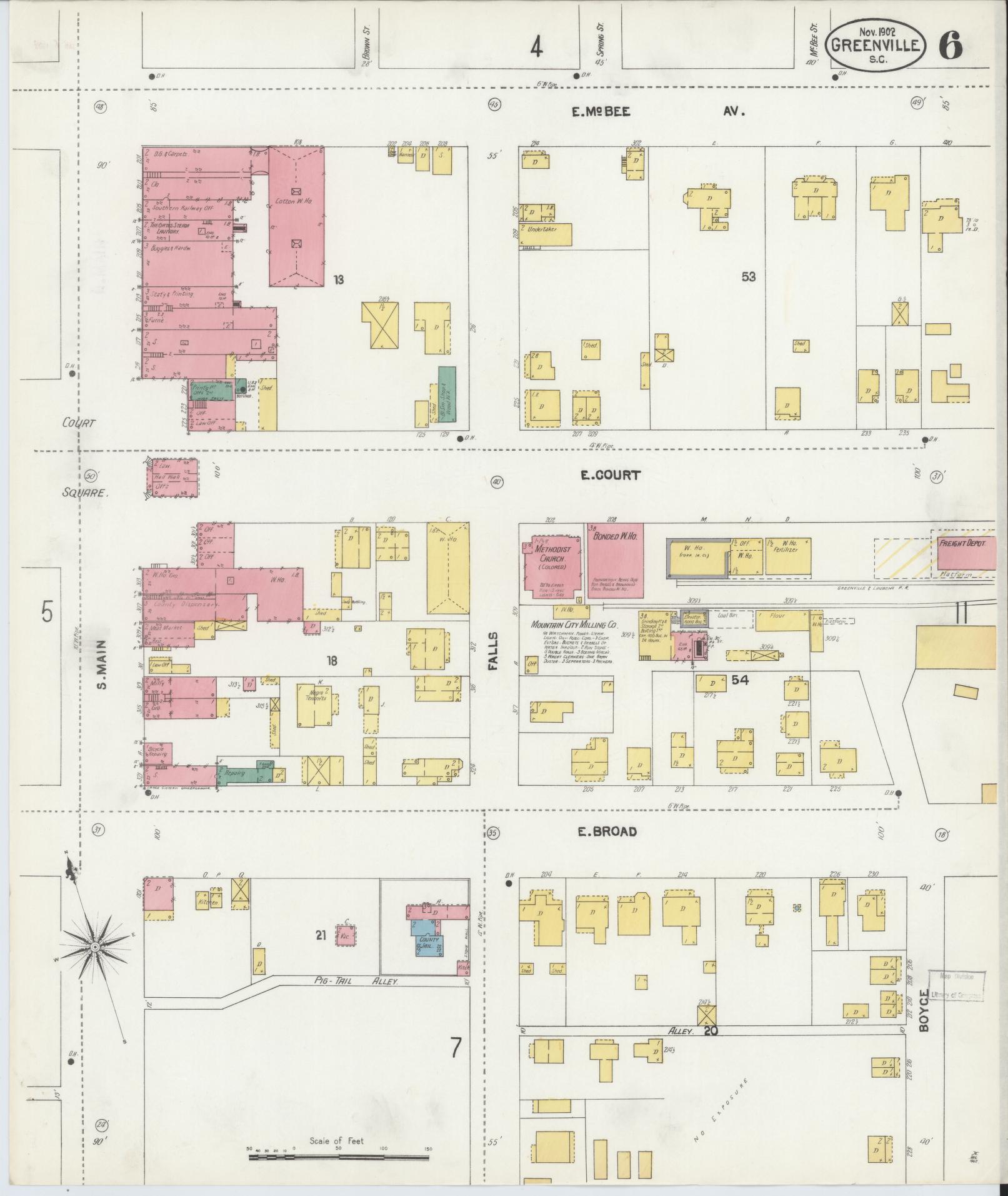 Sanborn Fire Insurance Map from Greenville, Greenville County, South Carolina (1902), Sheet #0006 - Complete Map Set gallery image, historic Sanborn map, vintage wall art, South Carolina South Carolina
