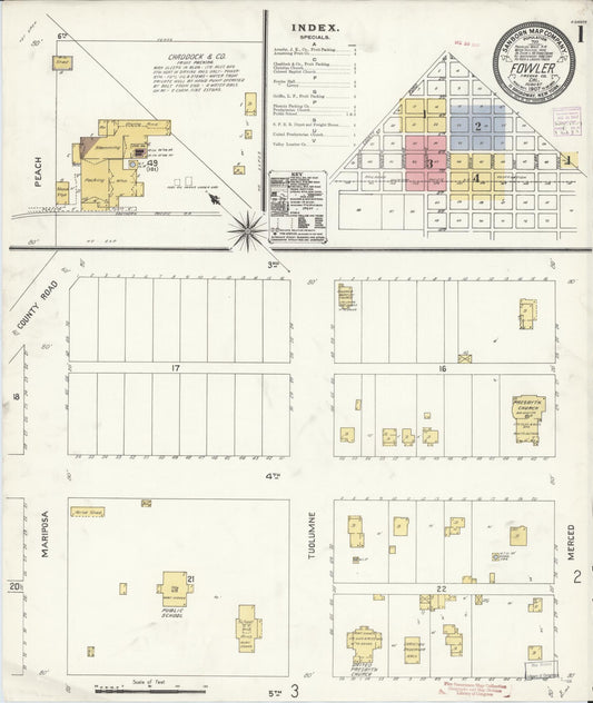 Sanborn Fire Insurance Map from Fowler, Fresno County, California (1907), Sheet #0001 - Complete Map Set gallery image, historic Sanborn map, vintage wall art, California California