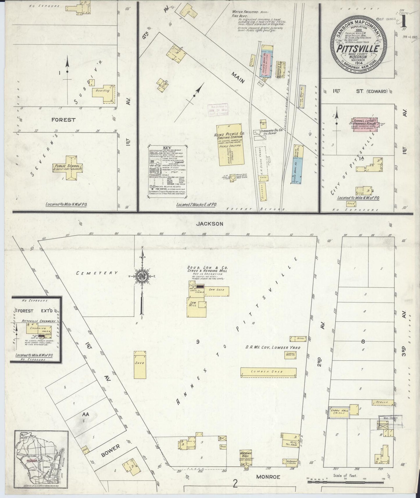 Sanborn Fire Insurance Map from Pittsville, Wood County, Wisconsin (1914), Sheet #0001 - Historic Sanborn Fire Insurance Map Print, vintage old map wall art, antique decor, genealogy gift, Wisconsin Wisconsin map