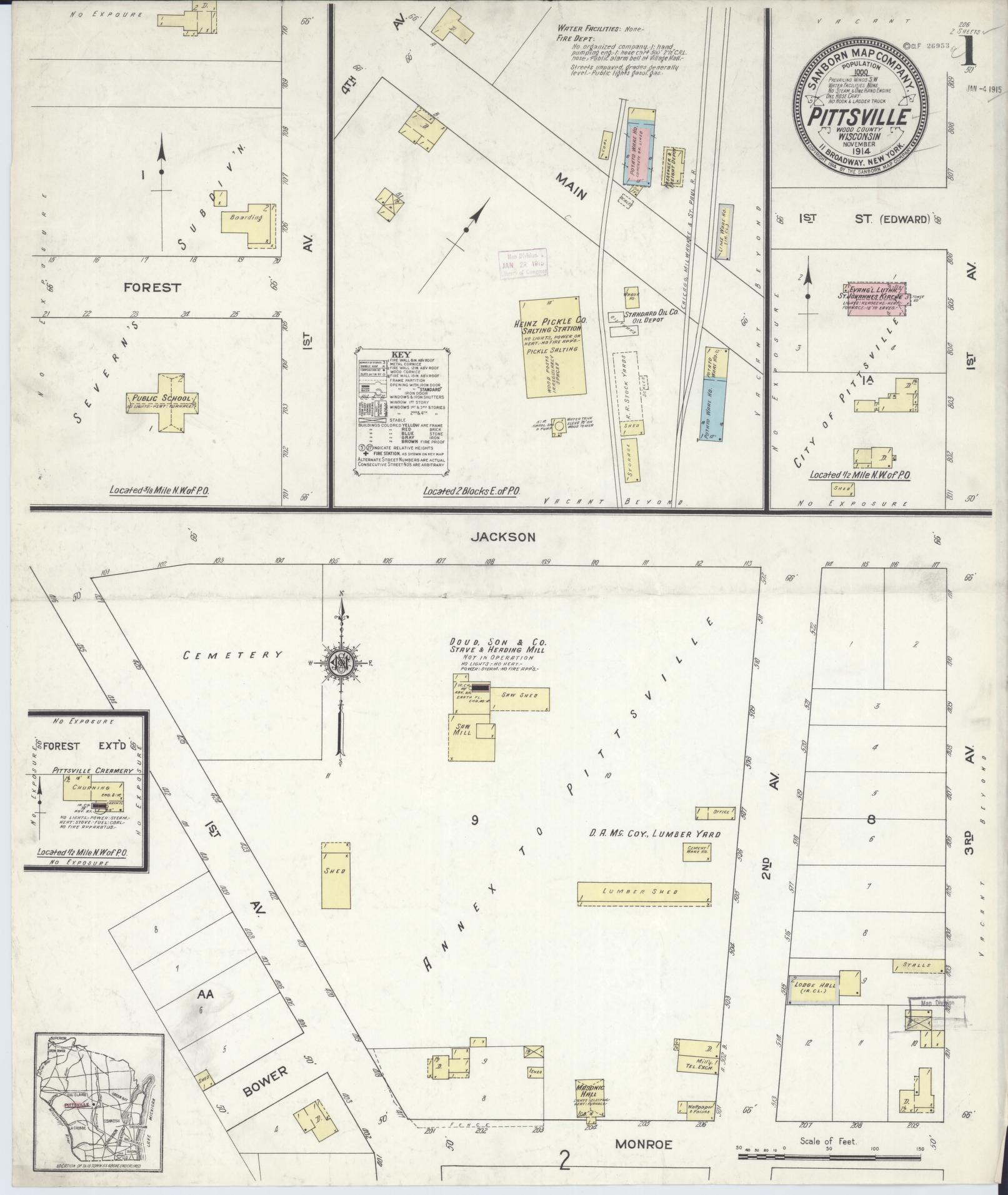 Sanborn Fire Insurance Map from Pittsville, Wood County, Wisconsin (1914), Sheet #0001 - Historic Sanborn Fire Insurance Map Print, vintage old map wall art, antique decor, genealogy gift, Wisconsin Wisconsin map