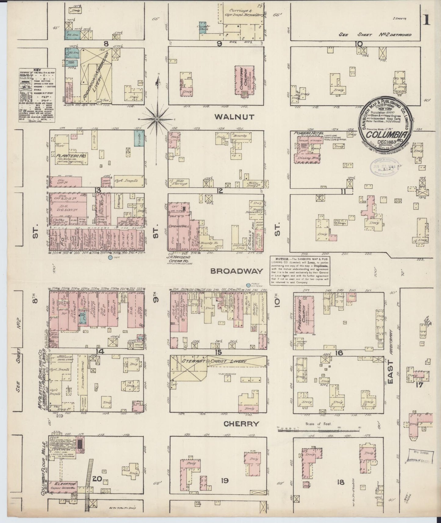 Sanborn Fire Insurance Map from Columbia, Boone County, Missouri (1883), Sheet #0001 - Historic Sanborn Fire Insurance Map Print, vintage old map wall art, antique decor, genealogy gift, Missouri Missouri map