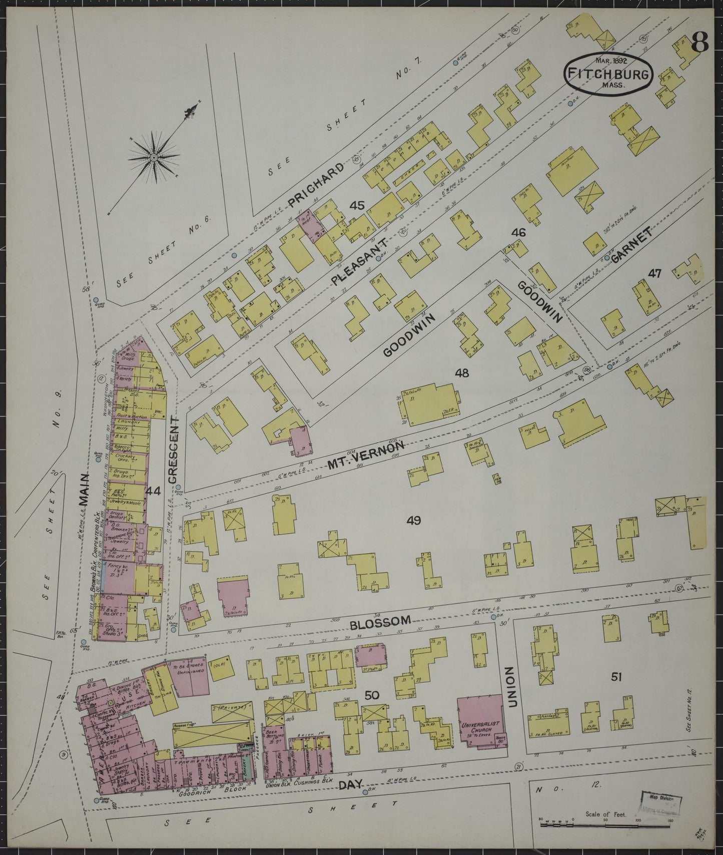 Sanborn Fire Insurance Map from Fitchburg, Worcester County, Massachusetts (1892), Sheet #0008 - Historic Sanborn Fire Insurance Map Print, vintage old map wall art, antique decor, genealogy gift, Massachusetts Massachusetts map