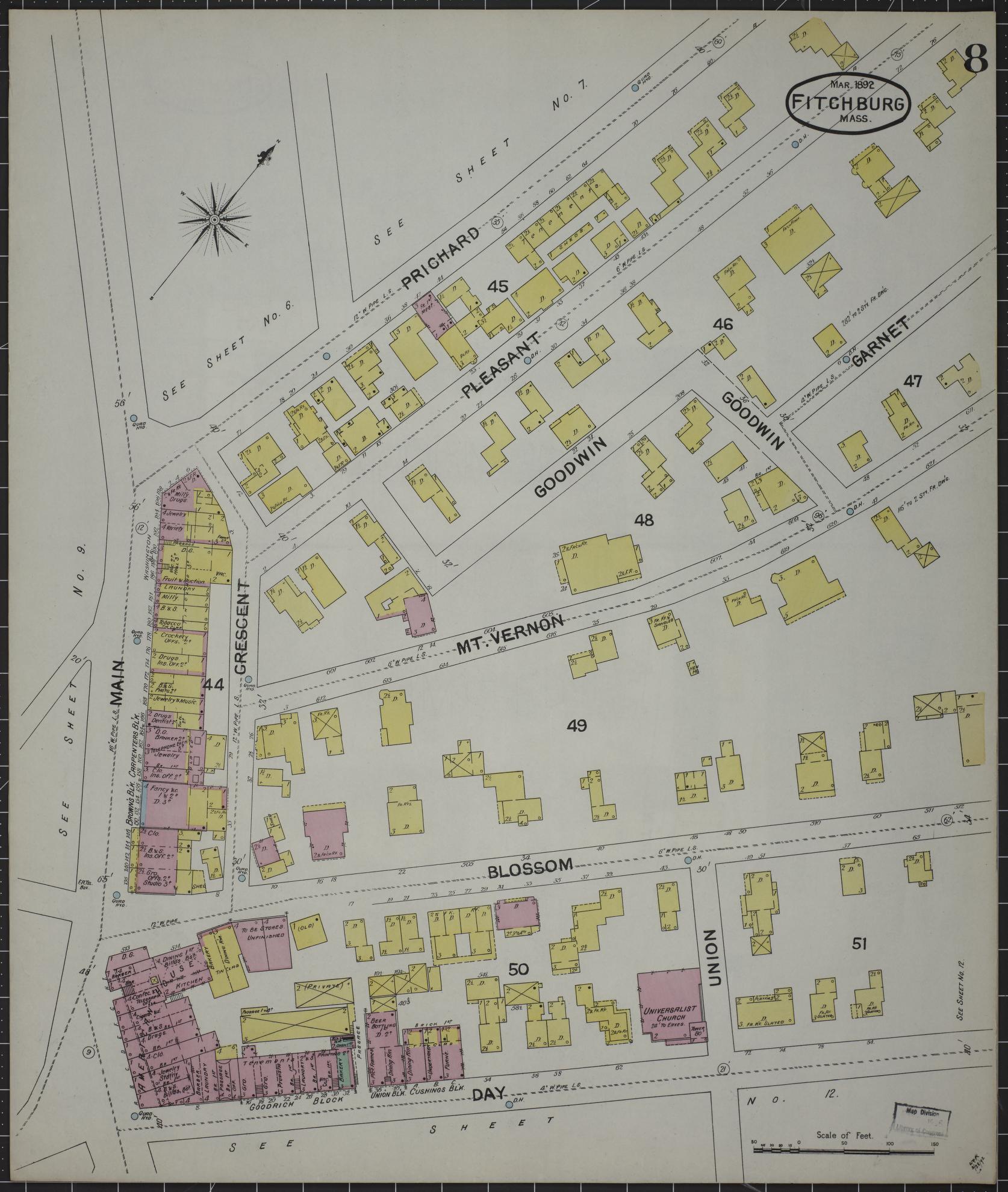 Sanborn Fire Insurance Map from Fitchburg, Worcester County, Massachusetts (1892), Sheet #0008 - Historic Sanborn Fire Insurance Map Print, vintage old map wall art, antique decor, genealogy gift, Massachusetts Massachusetts map