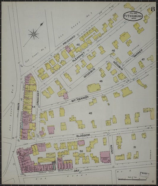 Sanborn Fire Insurance Map from Fitchburg, Worcester County, Massachusetts (1892), Sheet #0008 - Historic Sanborn Fire Insurance Map Print, vintage old map wall art, antique decor, genealogy gift, Massachusetts Massachusetts map