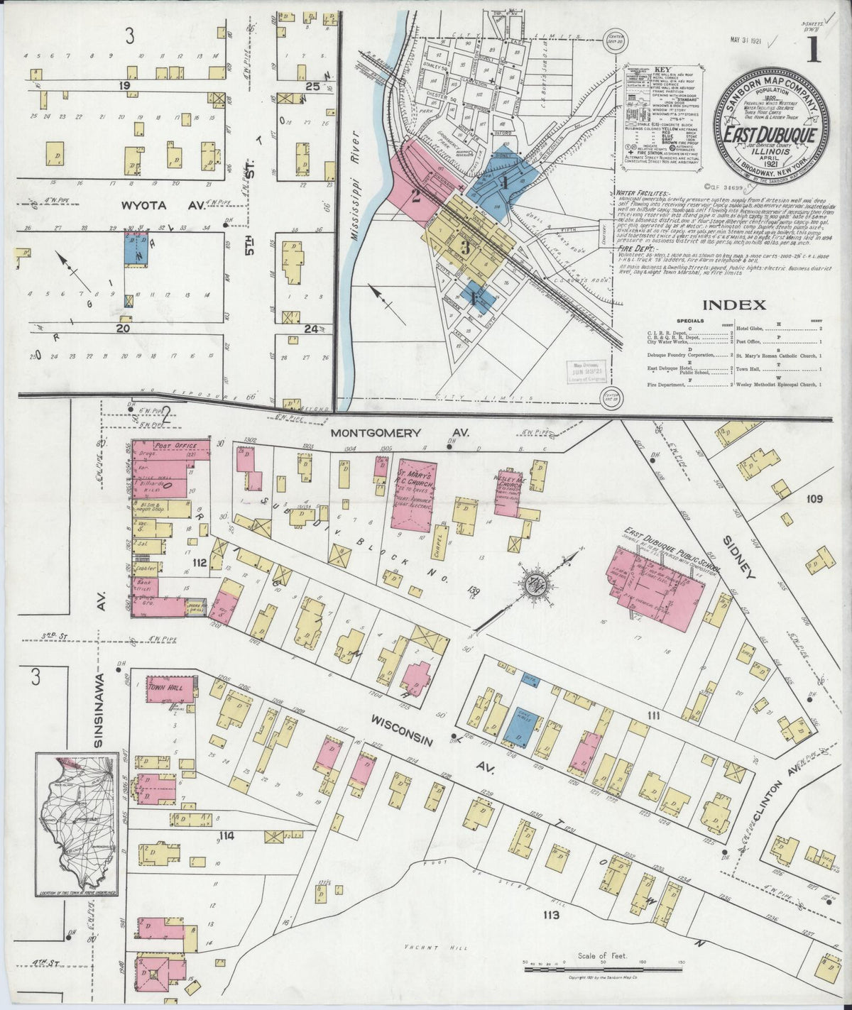 Sanborn Fire Insurance Map from East Dubuque, Jo Daviess County, Illinois (1921), Sheet #0001 - Complete Map Set gallery image, historic Sanborn map, vintage wall art, Illinois Illinois