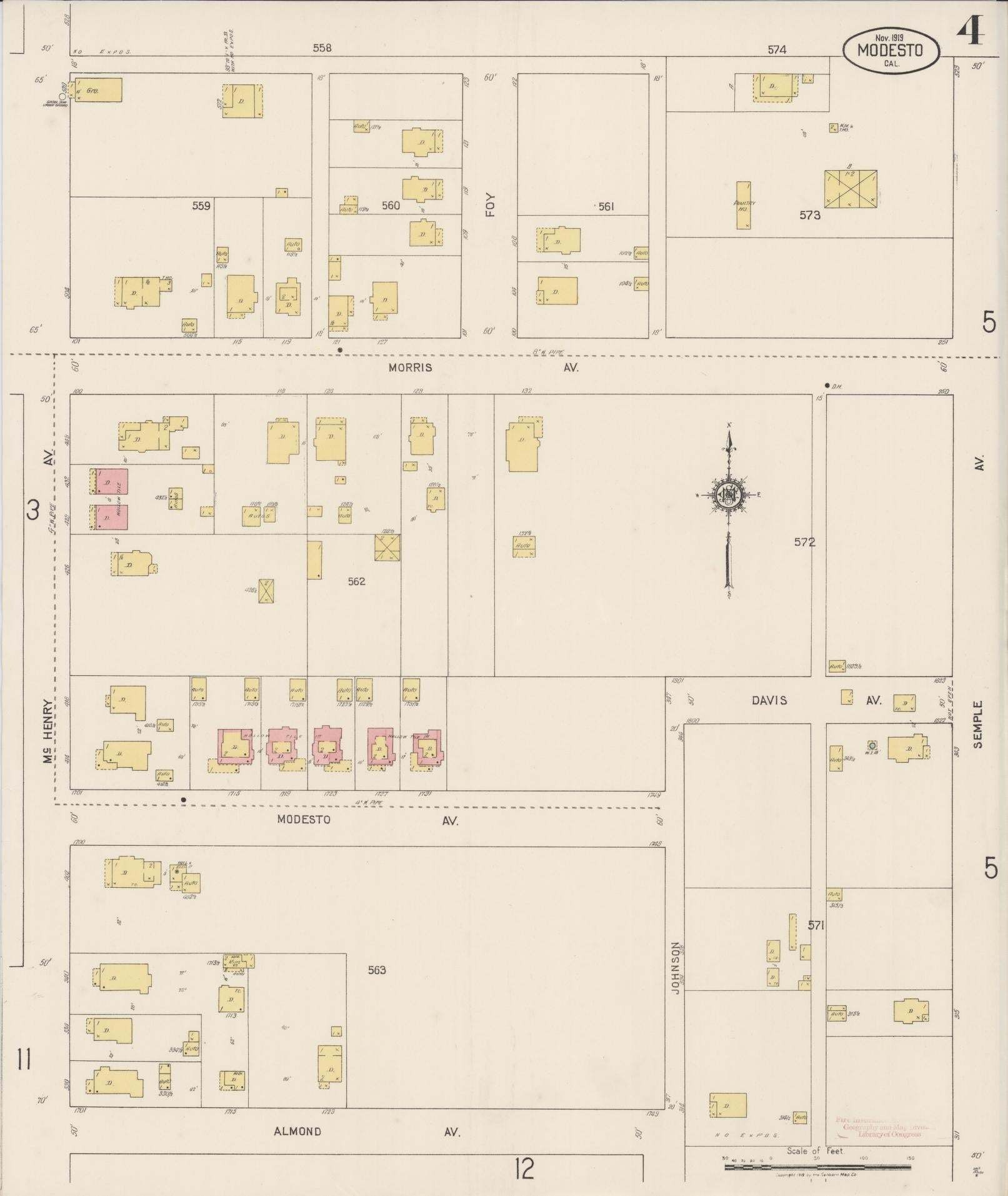 Sanborn Fire Insurance Map from Modesto, Stanislaus County, California (1919), Sheet #0004 - Complete Map Set gallery image, historic Sanborn map, vintage wall art, California California