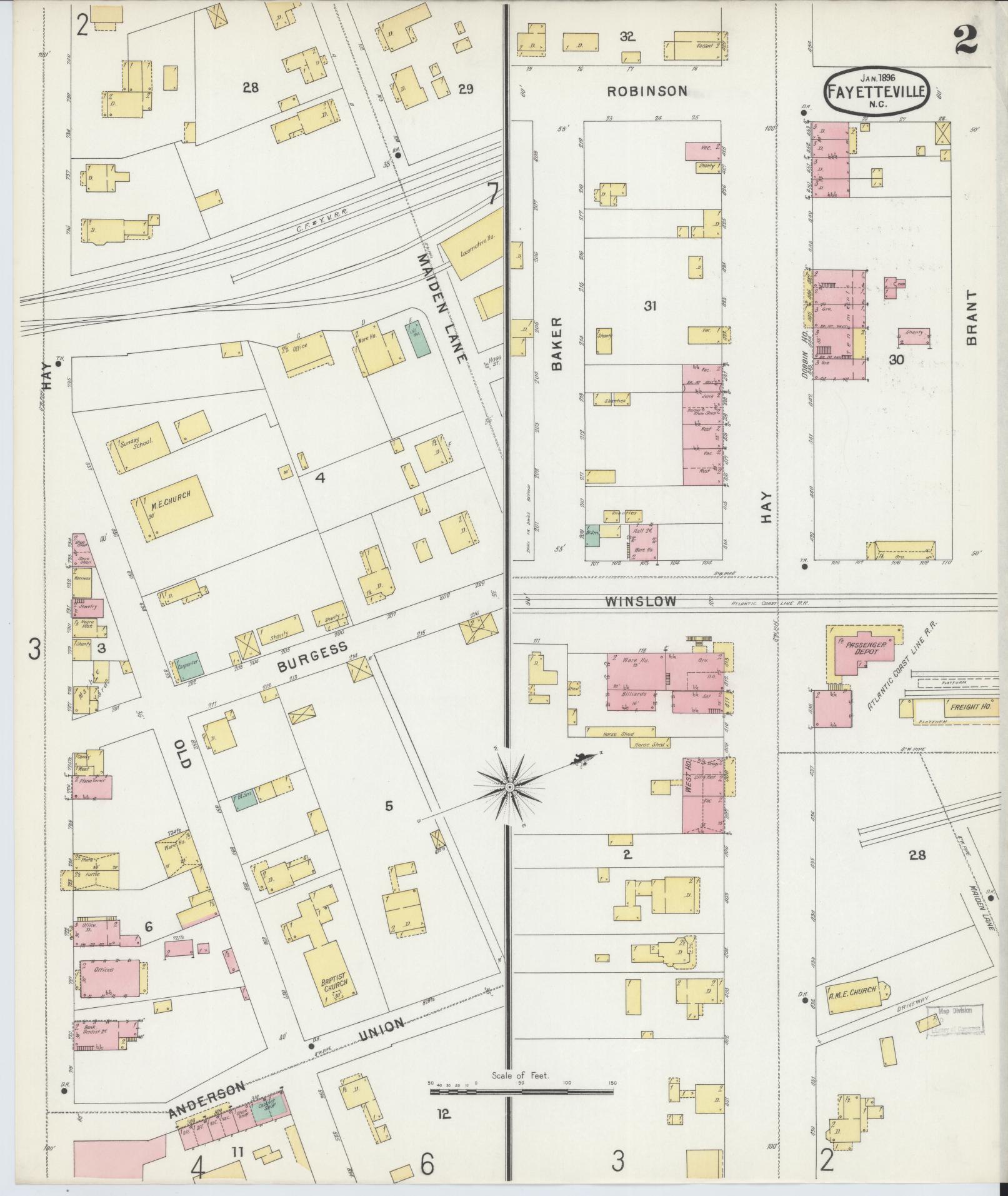Sanborn Fire Insurance Map from Fayetteville, Cumberland County, North Carolina (1896), Sheet #0002 - Historic Sanborn Fire Insurance Map Print, vintage old map wall art, antique decor, genealogy gift, North Carolina North Carolina map