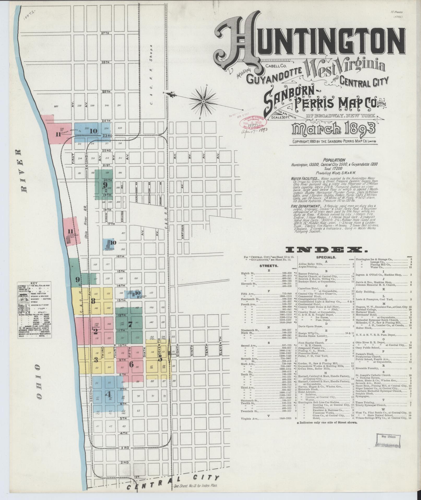 Sanborn Fire Insurance Map from Huntington, Cabell County, West Virginia (1893), Sheet #0001 - Historic Sanborn Fire Insurance Map Print, vintage old map wall art, antique decor, genealogy gift, West Virginia West Virginia map