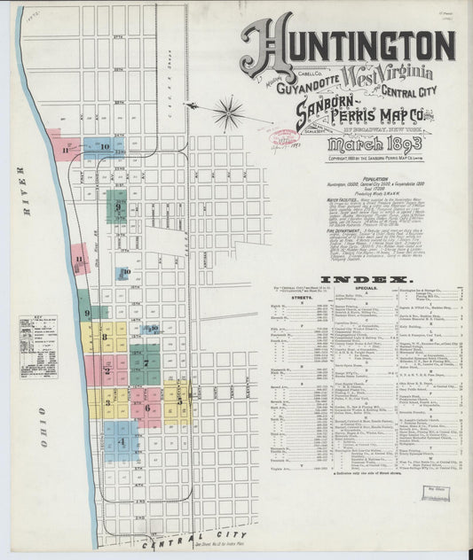 Sanborn Fire Insurance Map from Huntington, Cabell County, West Virginia (1893), Sheet #0001 - Historic Sanborn Fire Insurance Map Print, vintage old map wall art, antique decor, genealogy gift, West Virginia West Virginia map