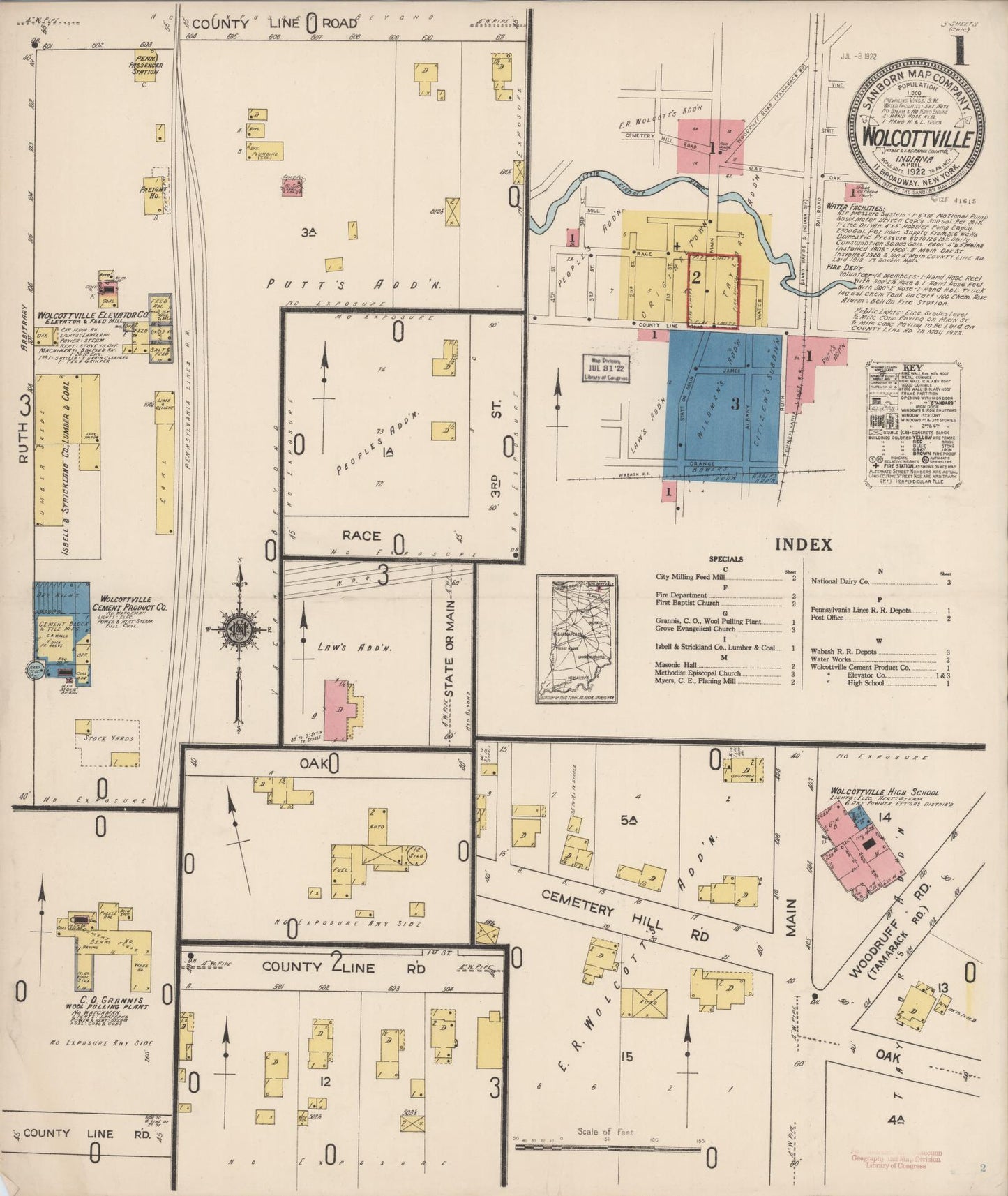 Sanborn Fire Insurance Map from Wolcottville, Noble And LaGrange Counties, Indiana (1922), Sheet #0001 - Historic Sanborn Fire Insurance Map Print, vintage old map wall art, antique decor, genealogy gift, Indiana Indiana map