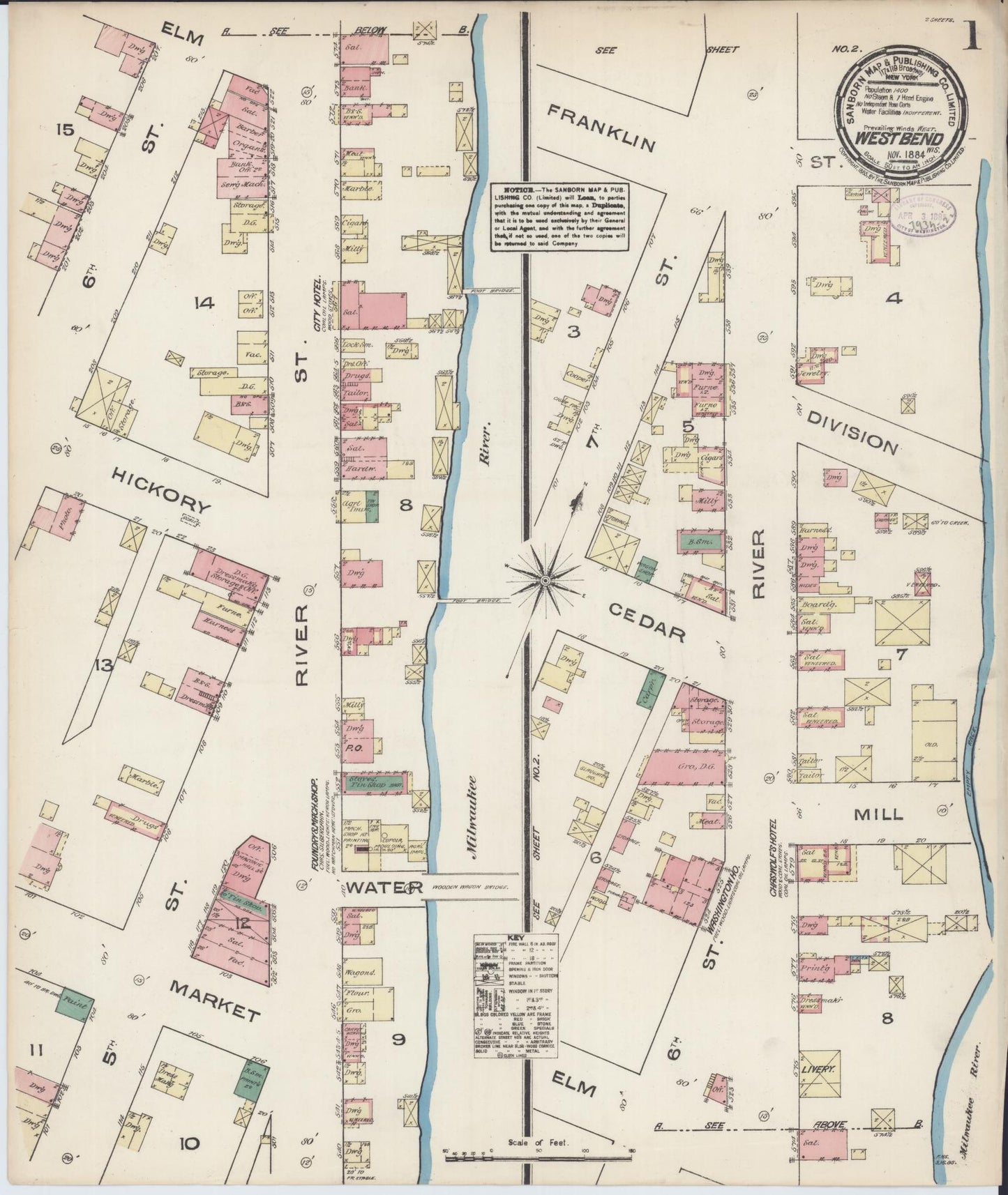Sanborn Fire Insurance Map from West Bend, Washington County, Wisconsin (1884), Sheet #0001 - Complete Map Set gallery image, historic Sanborn map, vintage wall art, Wisconsin Wisconsin