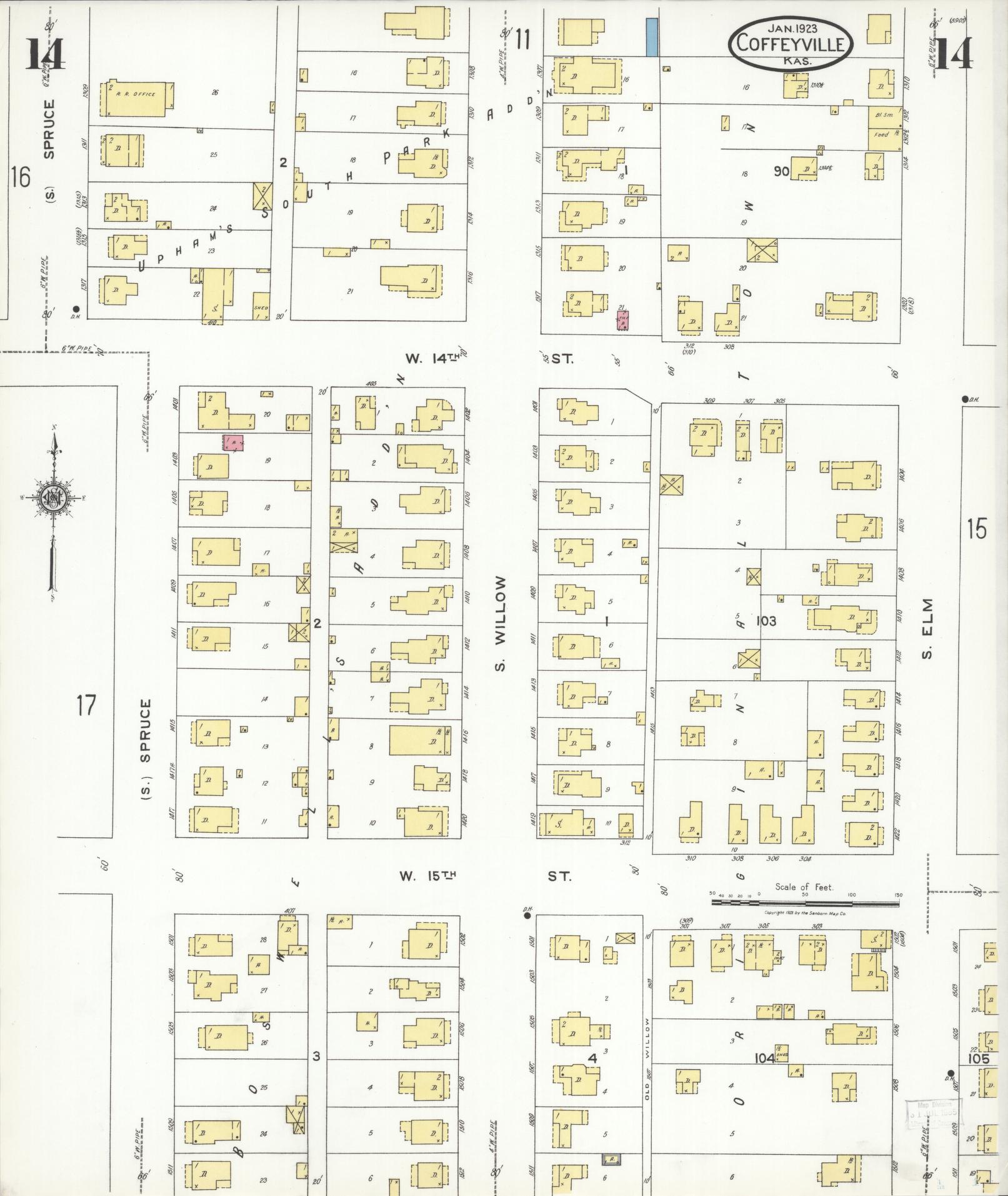 Sanborn Fire Insurance Map from Coffeyville, Montgomery County, Kansas (1923), Sheet #0014 - Historic Sanborn Fire Insurance Map Print, vintage old map wall art, antique decor, genealogy gift, Kansas Kansas map
