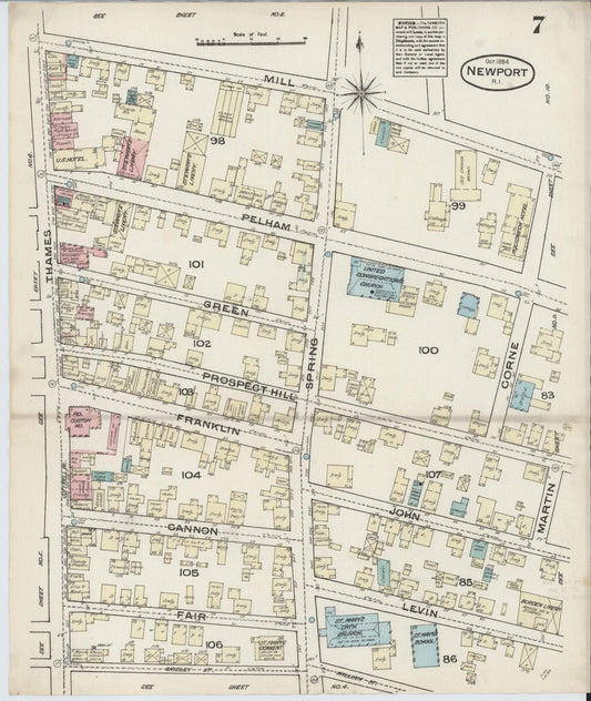 Sanborn Fire Insurance Map from Newport, Newport County, Rhode Island (1884), Sheet #0007 - Historic Sanborn Fire Insurance Map Print, vintage old map wall art, antique decor, genealogy gift, Rhode Island Rhode Island map