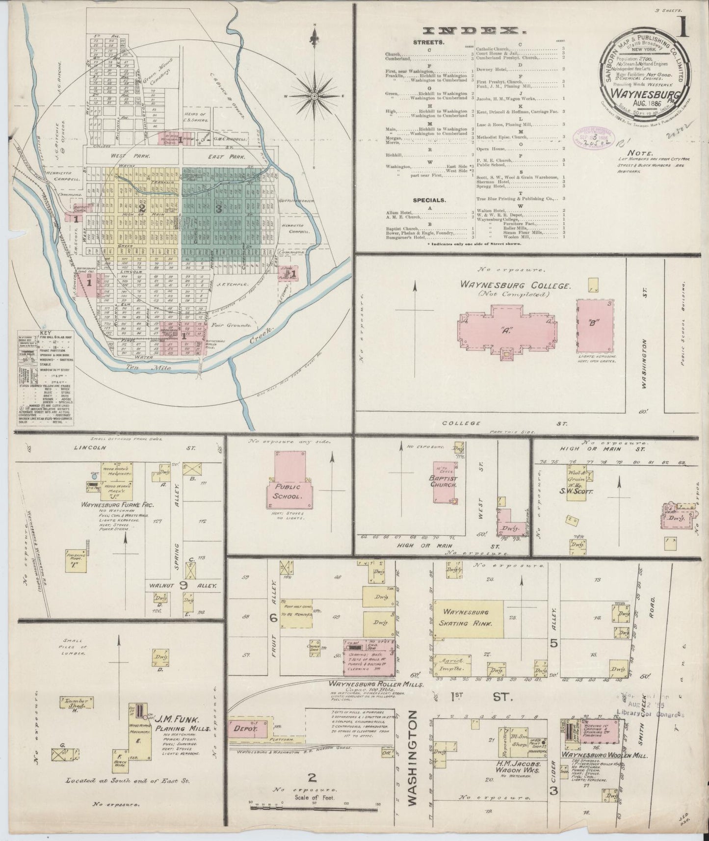 Sanborn Fire Insurance Map from Waynesburg, Greene County, Pennsylvania (1886), Sheet #0001 - Complete Map Set gallery image, historic Sanborn map, vintage wall art, Pennsylvania Pennsylvania