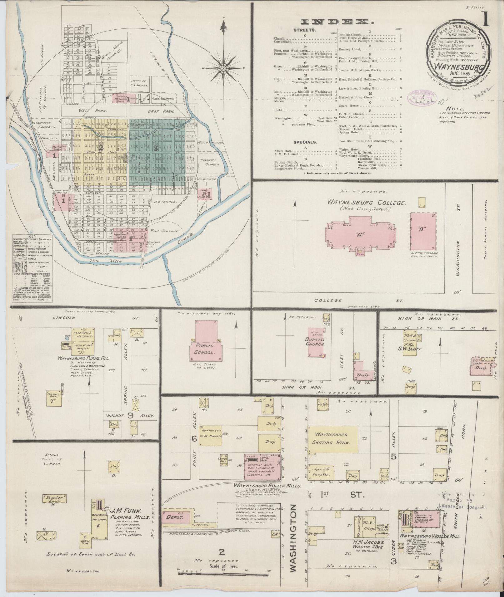 Sanborn Fire Insurance Map from Waynesburg, Greene County, Pennsylvania (1886), Sheet #0001 - Complete Map Set gallery image, historic Sanborn map, vintage wall art, Pennsylvania Pennsylvania