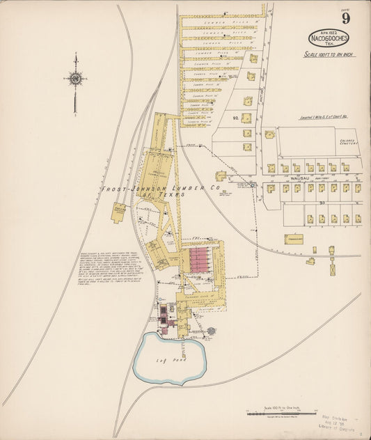 Sanborn Fire Insurance Map from Nacogdoches, Nacogdoches County, Texas (1922), Sheet #0009 - Historic Sanborn Fire Insurance Map Print, vintage old map wall art, antique decor, genealogy gift, Texas Texas map