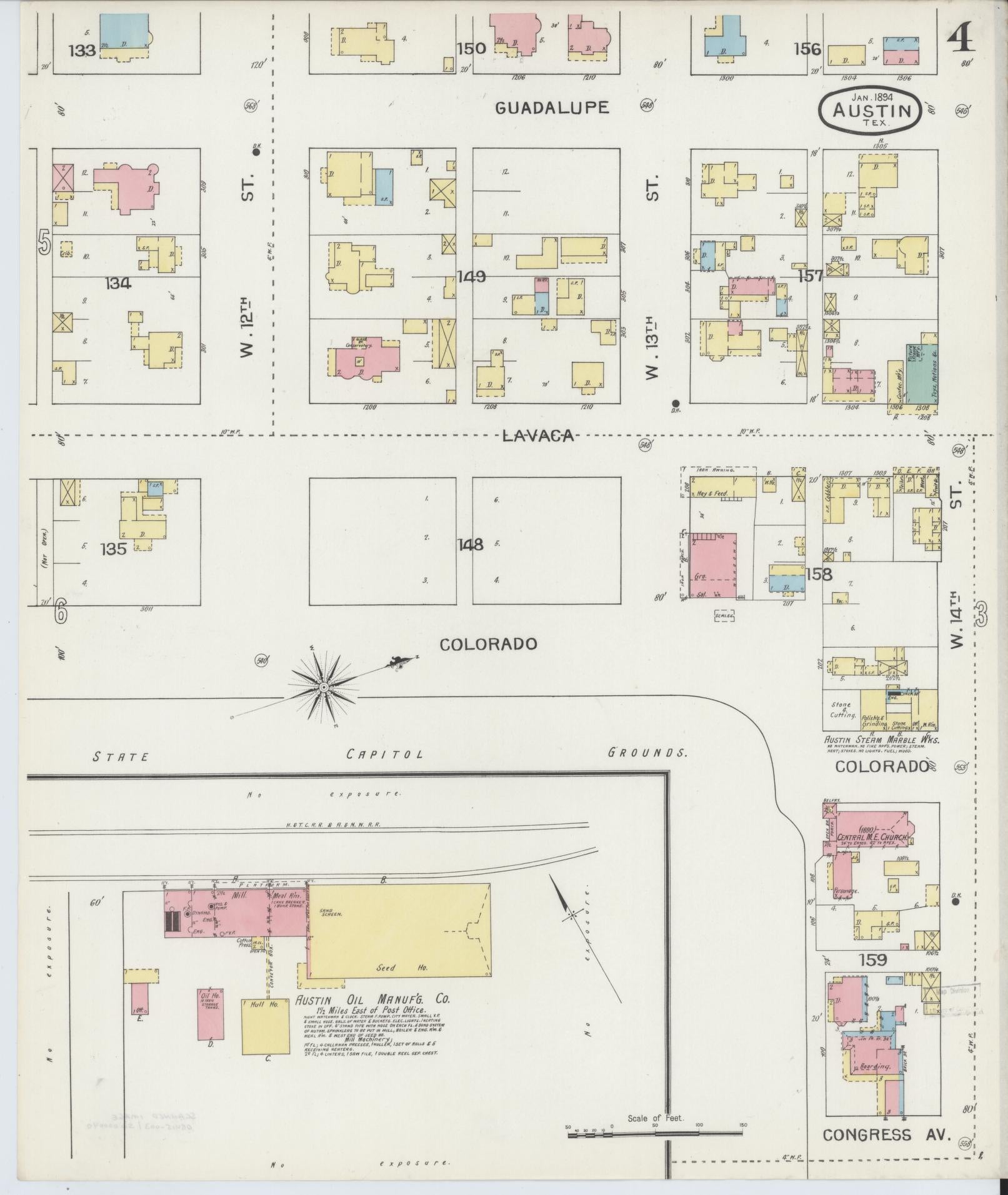 Sanborn Fire Insurance Map from Austin, Travis County, Texas (1894), Sheet #0004 - Historic Sanborn Fire Insurance Map Print, vintage old map wall art, antique decor, genealogy gift, Texas Texas map