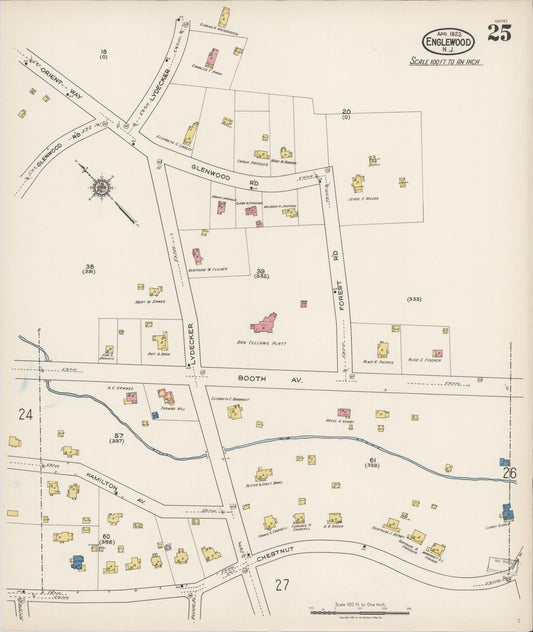 Sanborn Fire Insurance Map from Englewood, Bergen County, New Jersey (1922), Sheet #0025 - Historic Sanborn Fire Insurance Map Print, vintage old map wall art, antique decor, genealogy gift, New Jersey New Jersey map
