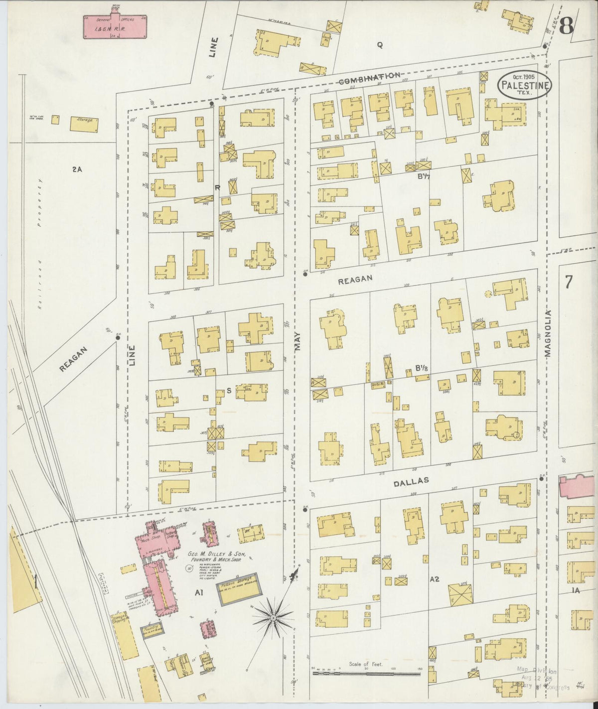 Sanborn Fire Insurance Map from Palestine, Anderson County, Texas (1905), Sheet #0008 - Historic Sanborn Fire Insurance Map Print, vintage old map wall art, antique decor, genealogy gift, Texas Texas map