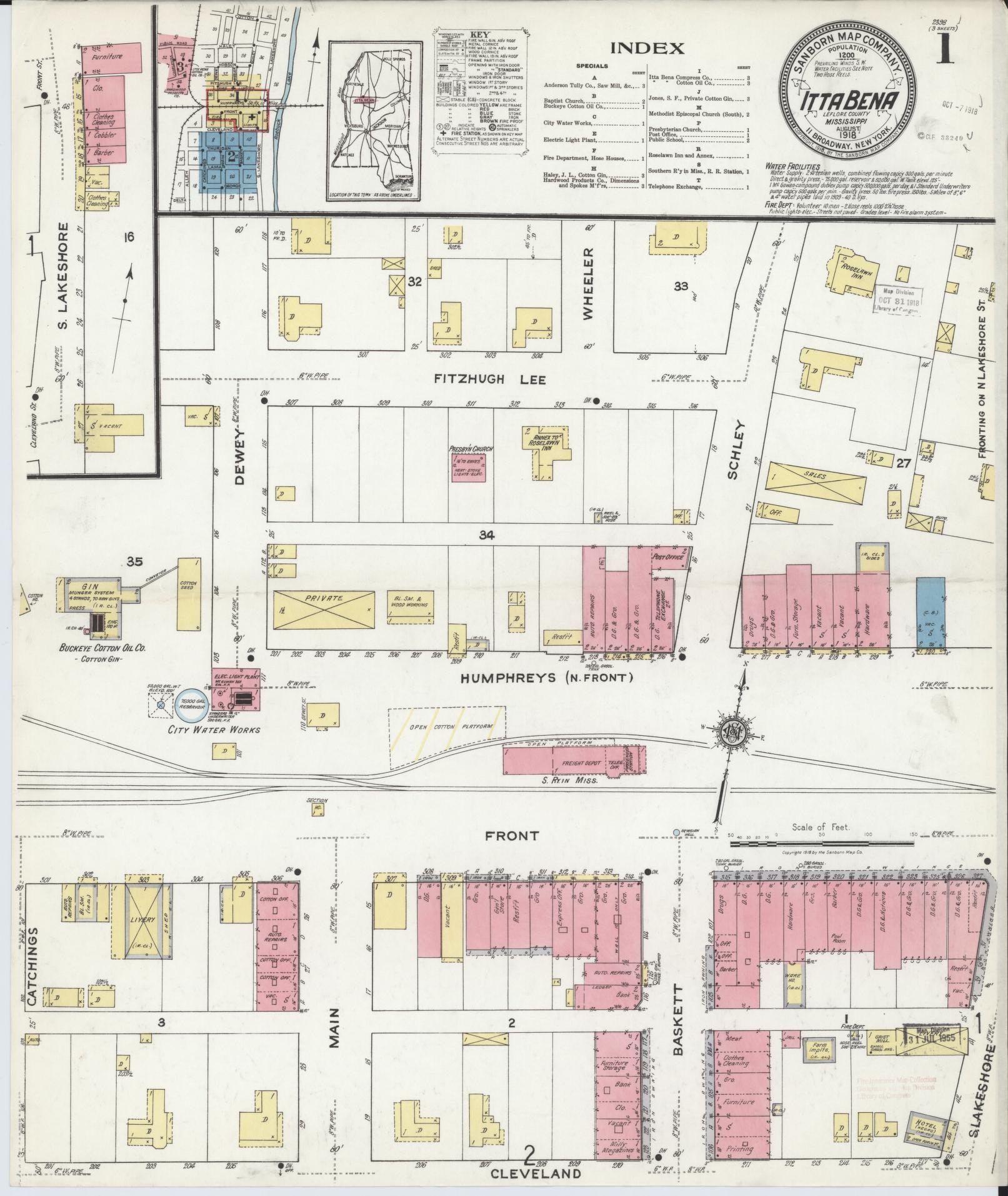 Sanborn Fire Insurance Map from Itta Bena, Leflore County, Mississippi (1918), Sheet #0001 - Complete Map Set gallery image, historic Sanborn map, vintage wall art, Mississippi Mississippi