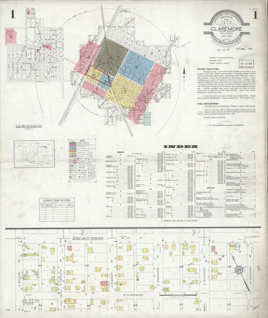 Sanborn Fire Insurance Map from Claremore, Rogers County, Oklahoma (1933), Sheet #0001 - Historic Sanborn Fire Insurance Map Print, vintage old map wall art, antique decor, genealogy gift, Oklahoma Oklahoma map