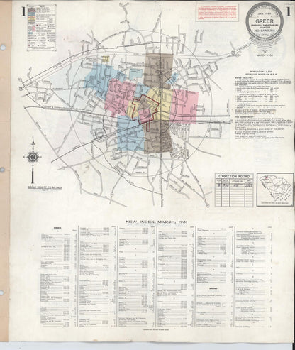 Sanborn Fire Insurance Map from Greer, Greenville and Spartanburg Counties, South Carolina (1951), Sheet #0001 - Complete Map Set gallery image, historic Sanborn map, vintage wall art, South Carolina South Carolina