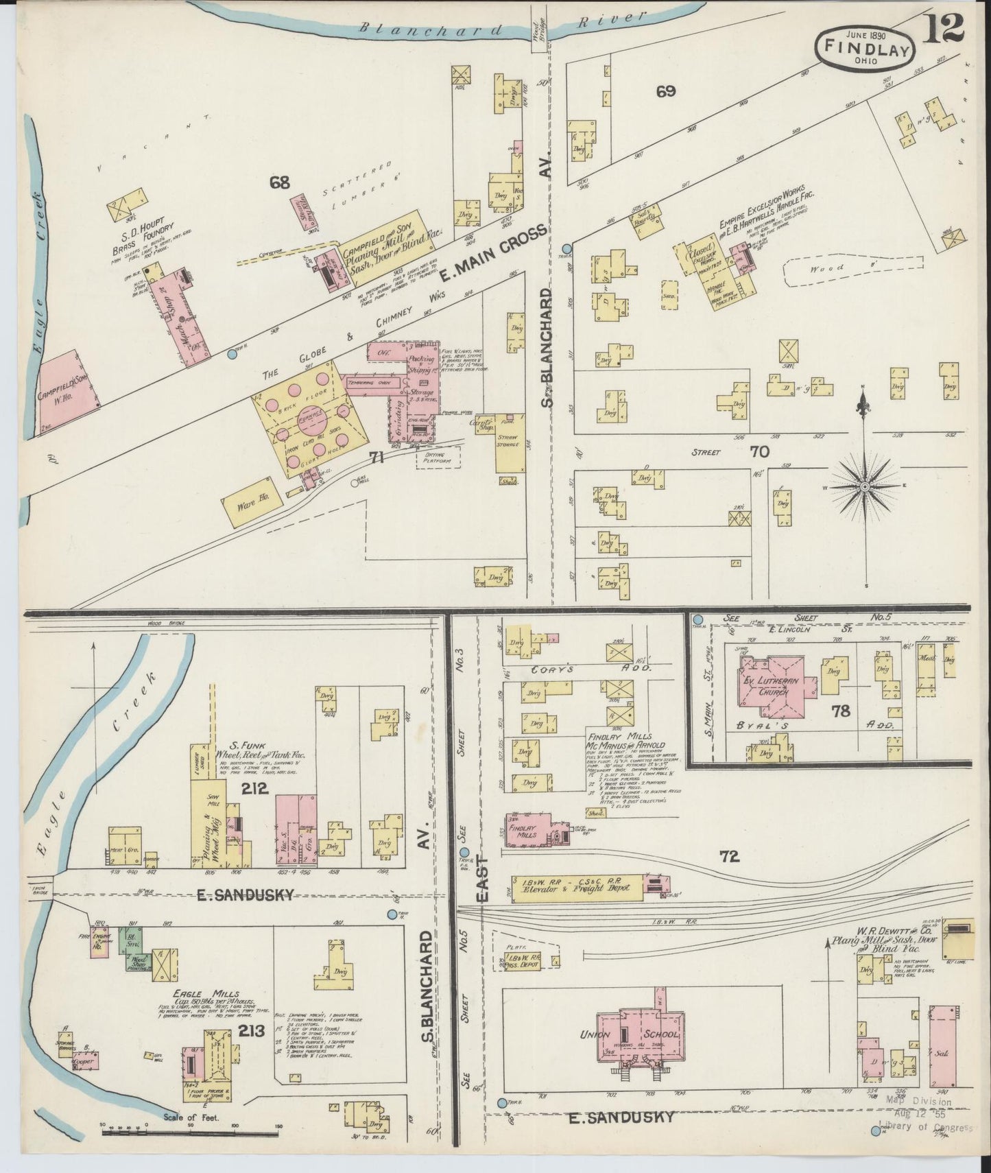 Sanborn Fire Insurance Map from Findlay, Hancock County, Ohio (1890), Sheet #0012 - Historic Sanborn Fire Insurance Map Print, vintage old map wall art, antique decor, genealogy gift, Ohio Ohio map