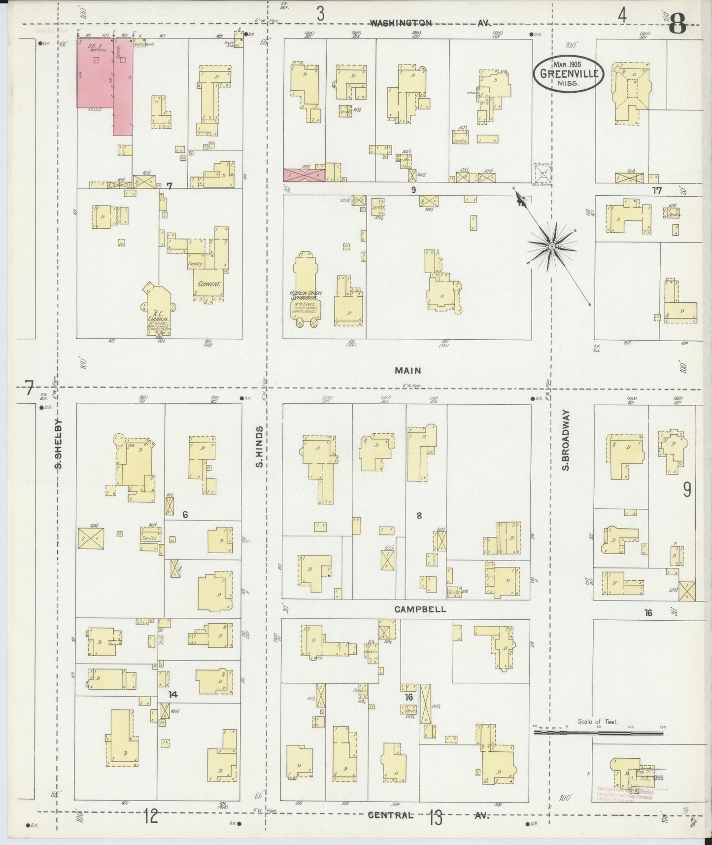 Sanborn Fire Insurance Map from Greenville, Washington County, Mississippi (1905), Sheet #0008 - Complete Map Set gallery image, historic Sanborn map, vintage wall art, Mississippi Mississippi