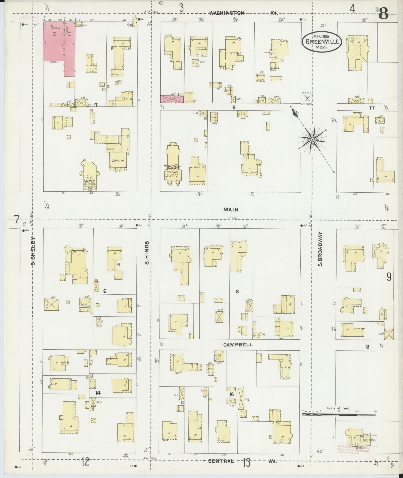 Sanborn Fire Insurance Map from Greenville, Washington County, Mississippi (1905), Sheet #0008 - Complete Map Set gallery image, historic Sanborn map, vintage wall art, Mississippi Mississippi