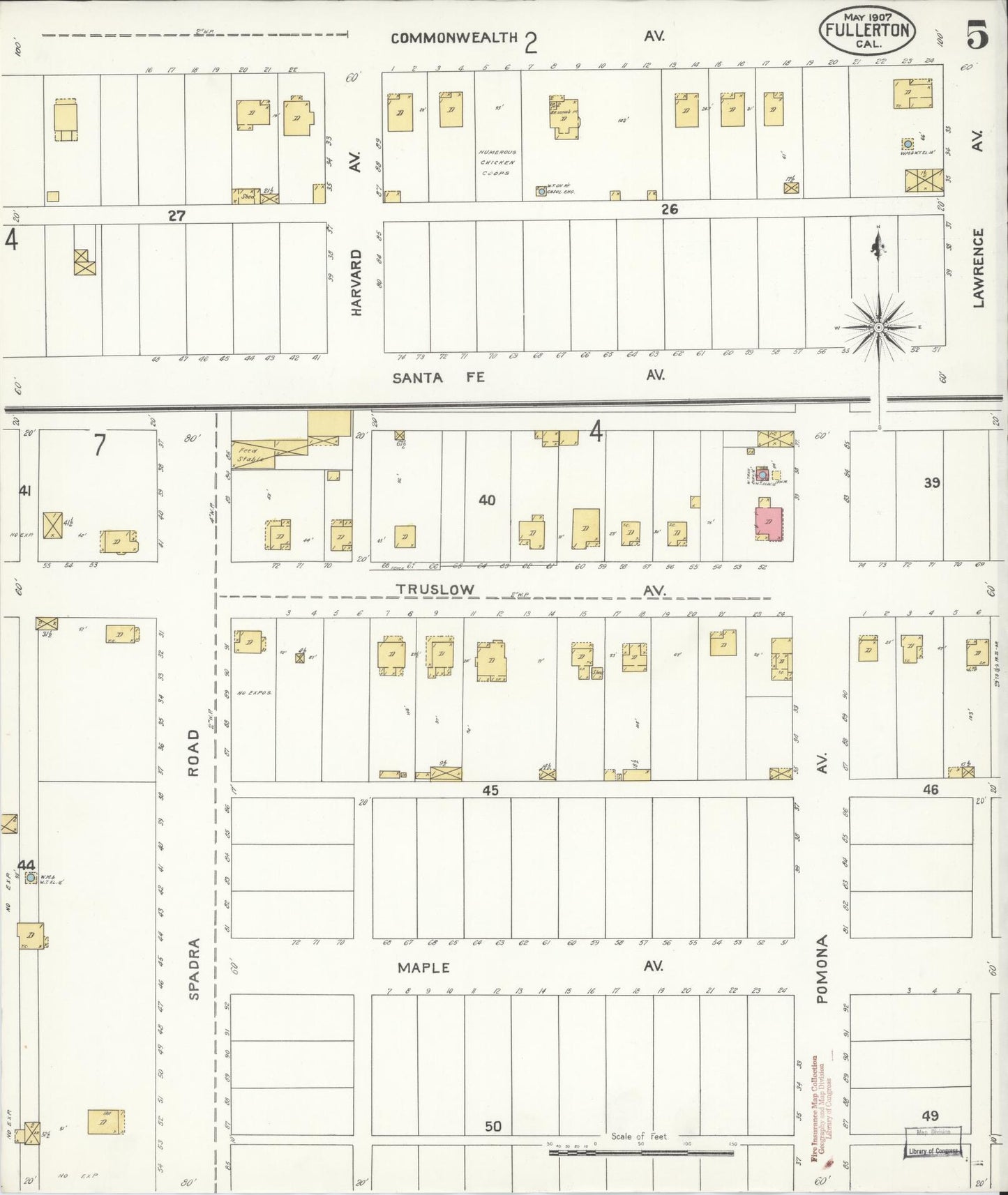 Sanborn Fire Insurance Map from Fullerton, Orange County, California (1907), Sheet #0005 - Historic Sanborn Fire Insurance Map Print, vintage old map wall art, antique decor, genealogy gift, California California map