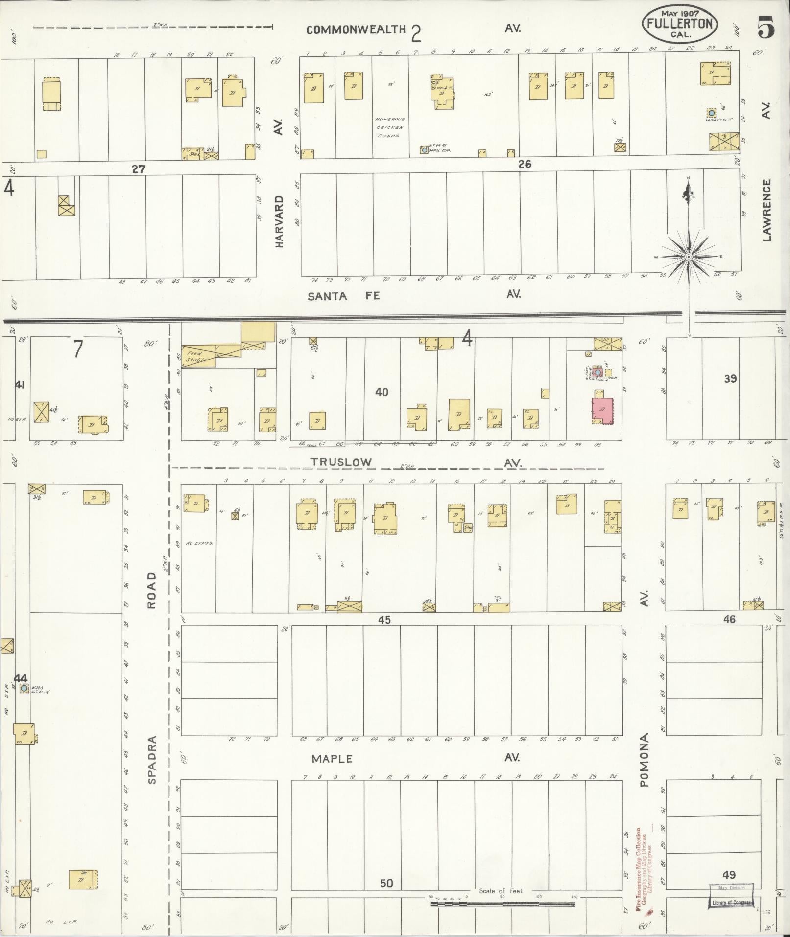 Sanborn Fire Insurance Map from Fullerton, Orange County, California (1907), Sheet #0005 - Historic Sanborn Fire Insurance Map Print, vintage old map wall art, antique decor, genealogy gift, California California map
