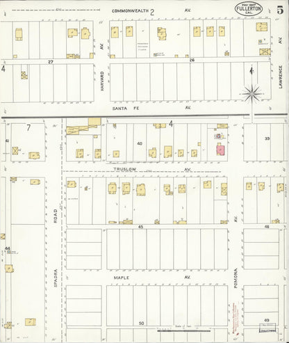 Sanborn Fire Insurance Map from Fullerton, Orange County, California (1907), Sheet #0005 - Historic Sanborn Fire Insurance Map Print, vintage old map wall art, antique decor, genealogy gift, California California map