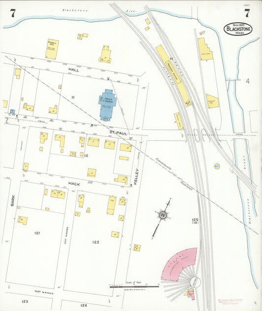 Sanborn Fire Insurance Map from Blackstone, Worcester County, Massachusetts (1923), Sheet #0007 - Historic Sanborn Fire Insurance Map Print, vintage old map wall art, antique decor, genealogy gift, Massachusetts Massachusetts map