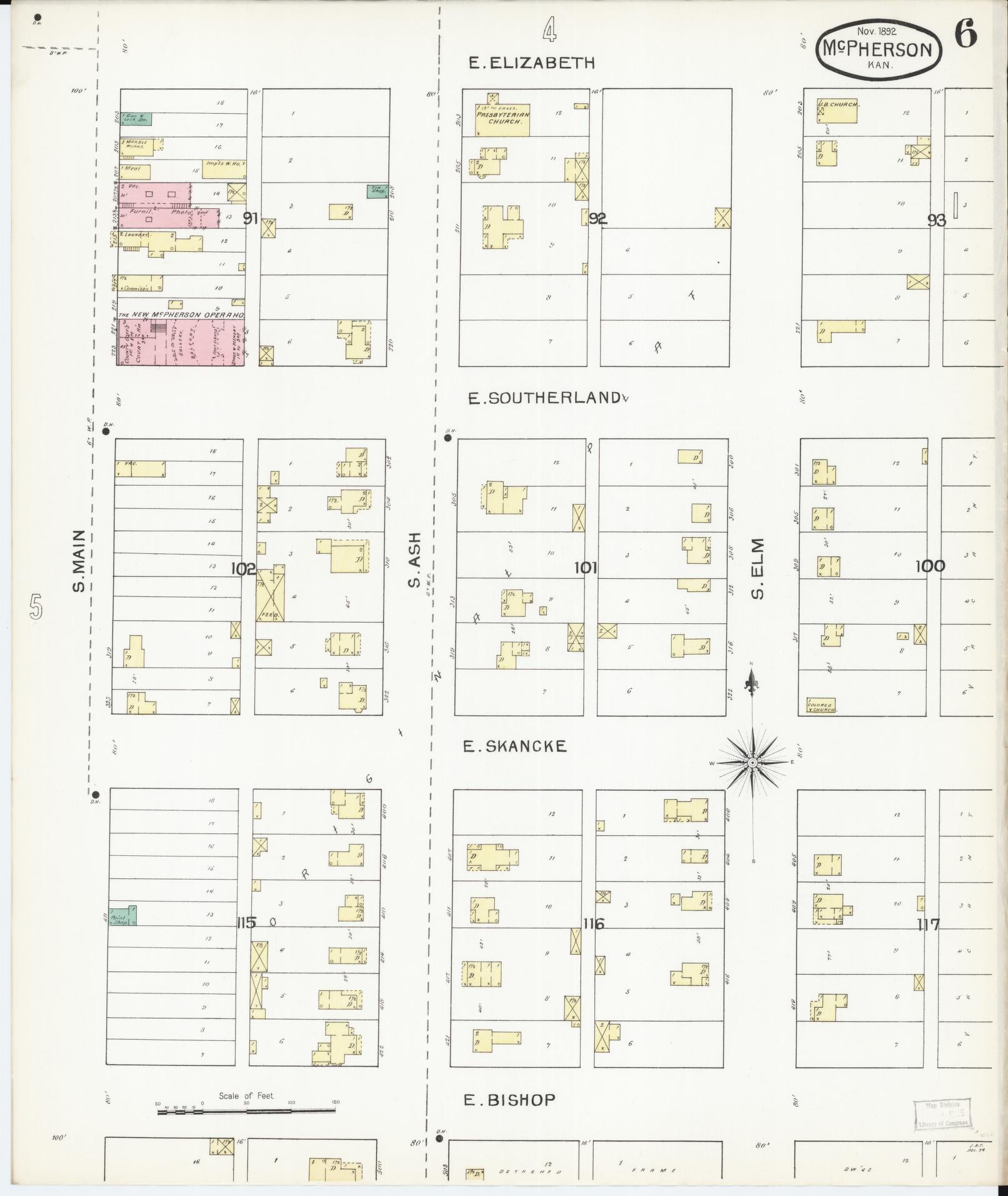 Sanborn Fire Insurance Map from Mcpherson, Mcpherson County, Kansas (1892), Sheet #0006 - Complete Map Set gallery image, historic Sanborn map, vintage wall art, Kansas Kansas