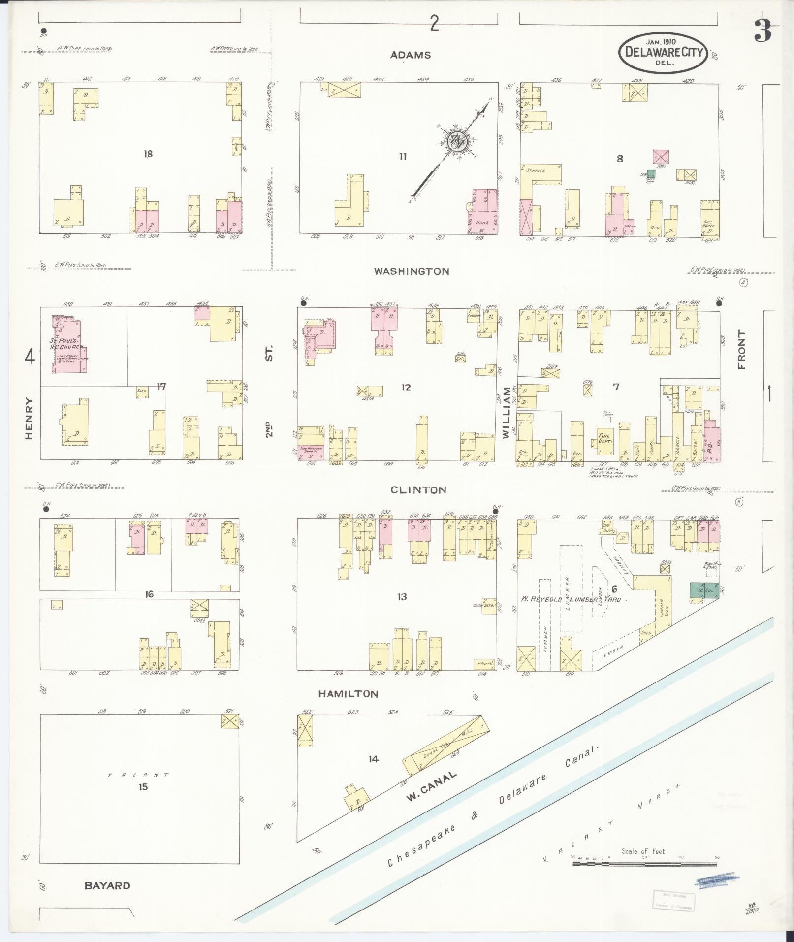 Sanborn Fire Insurance Map from Delaware City, New Castle County, Delaware (1910), Sheet #0003 - Complete Map Set gallery image, historic Sanborn map, vintage wall art, Delaware Delaware