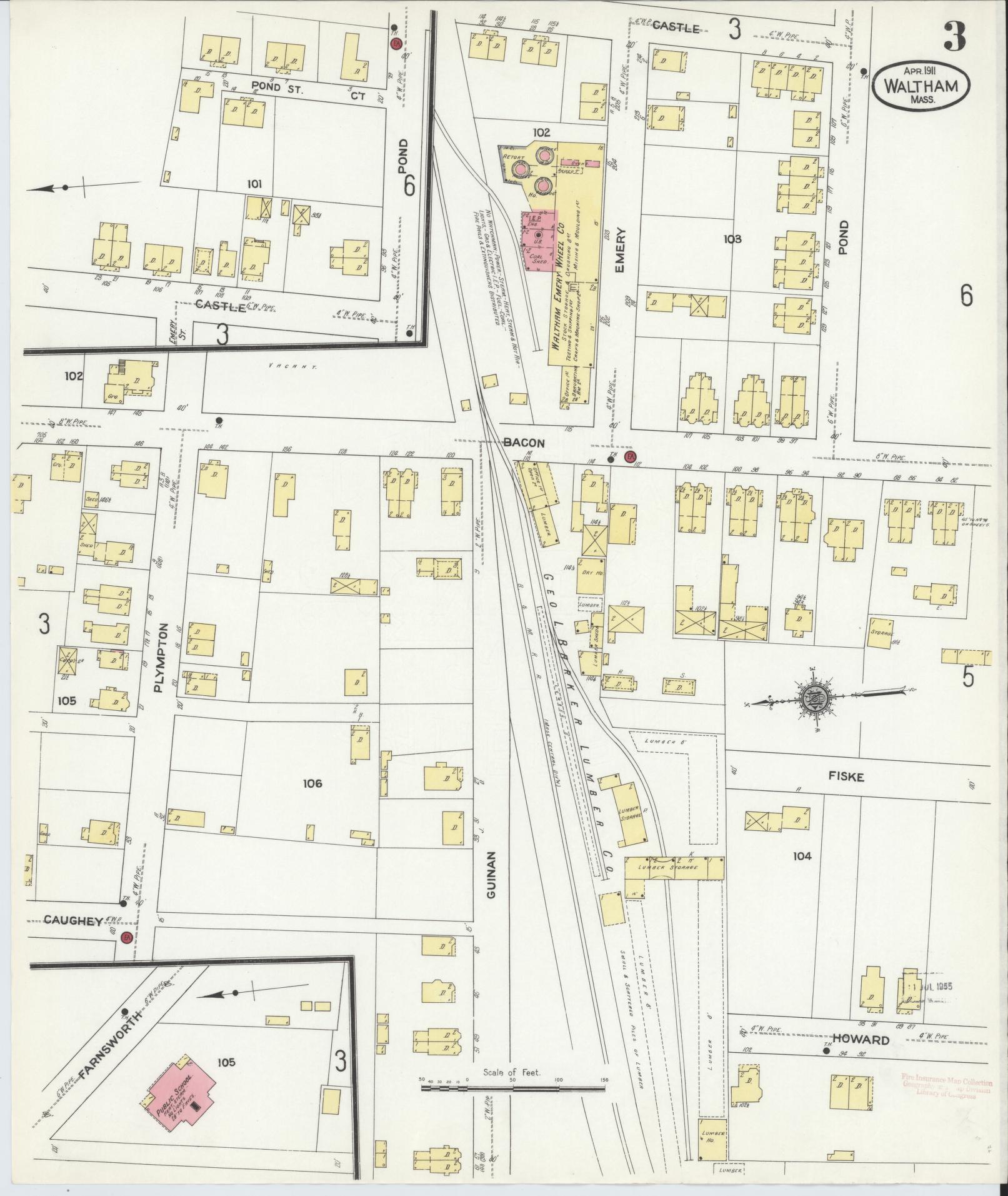 Sanborn Fire Insurance Map from Waltham, Middlesex County, Massachusetts (1911), Sheet #0003 - Historic Sanborn Fire Insurance Map Print, vintage old map wall art, antique decor, genealogy gift, Massachusetts Massachusetts map