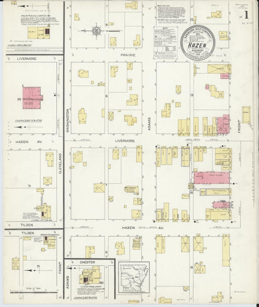Sanborn Fire Insurance Map from Hazen, Prarie County, Arkansas (1913), Sheet #0001 - Historic Sanborn Fire Insurance Map Print, vintage old map wall art, antique decor, genealogy gift, Arkansas Arkansas map